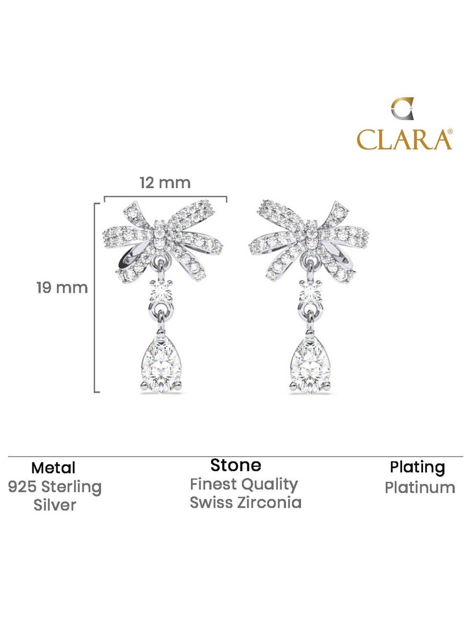 Clara 925 Silver Platinum Plated Swiss Zirconia Bow Knot Drop Earrings Classy Gift for Women