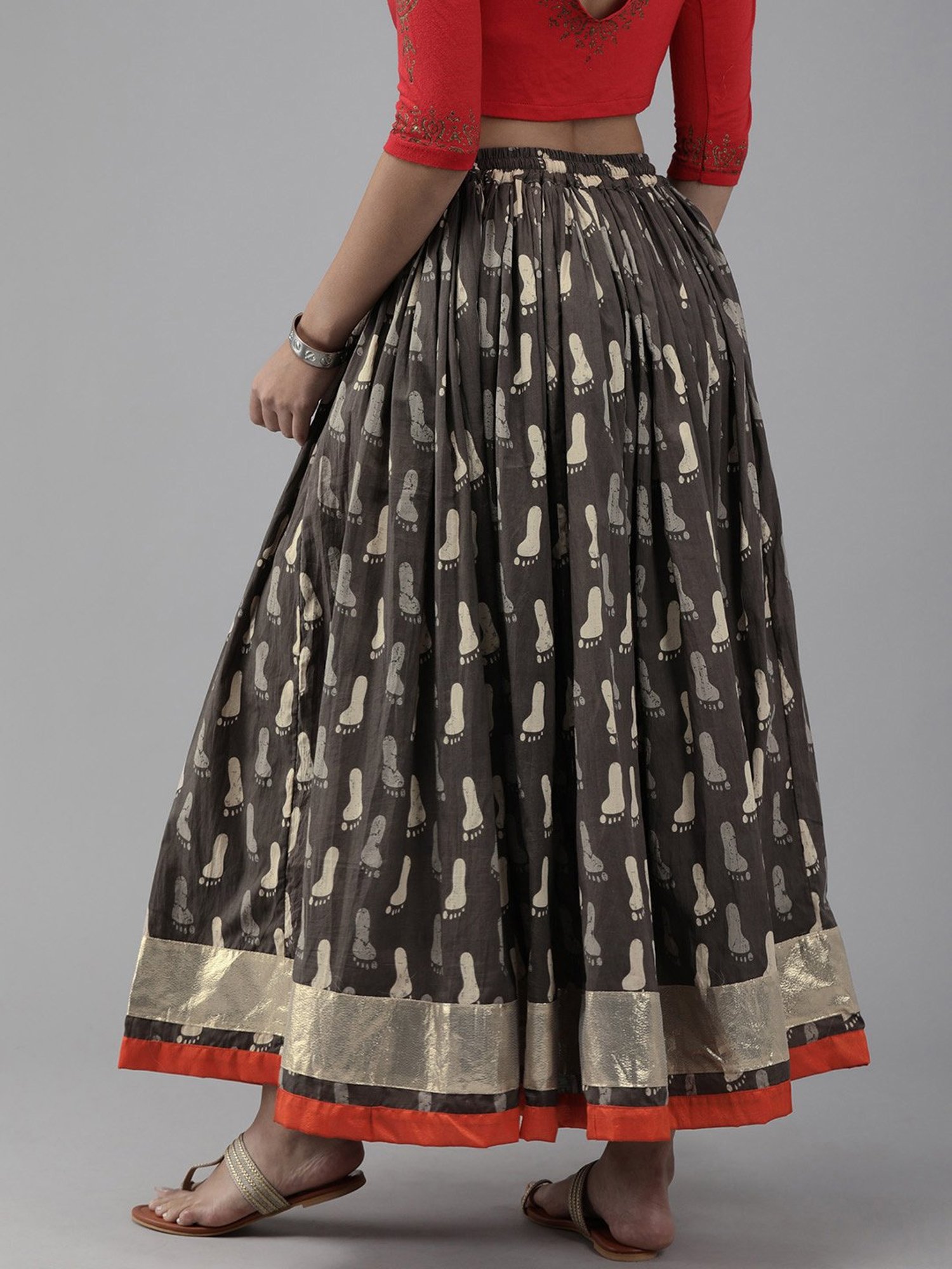 Geroo Jaipur Grey Hand Block Printed Skirt With Magzi Border