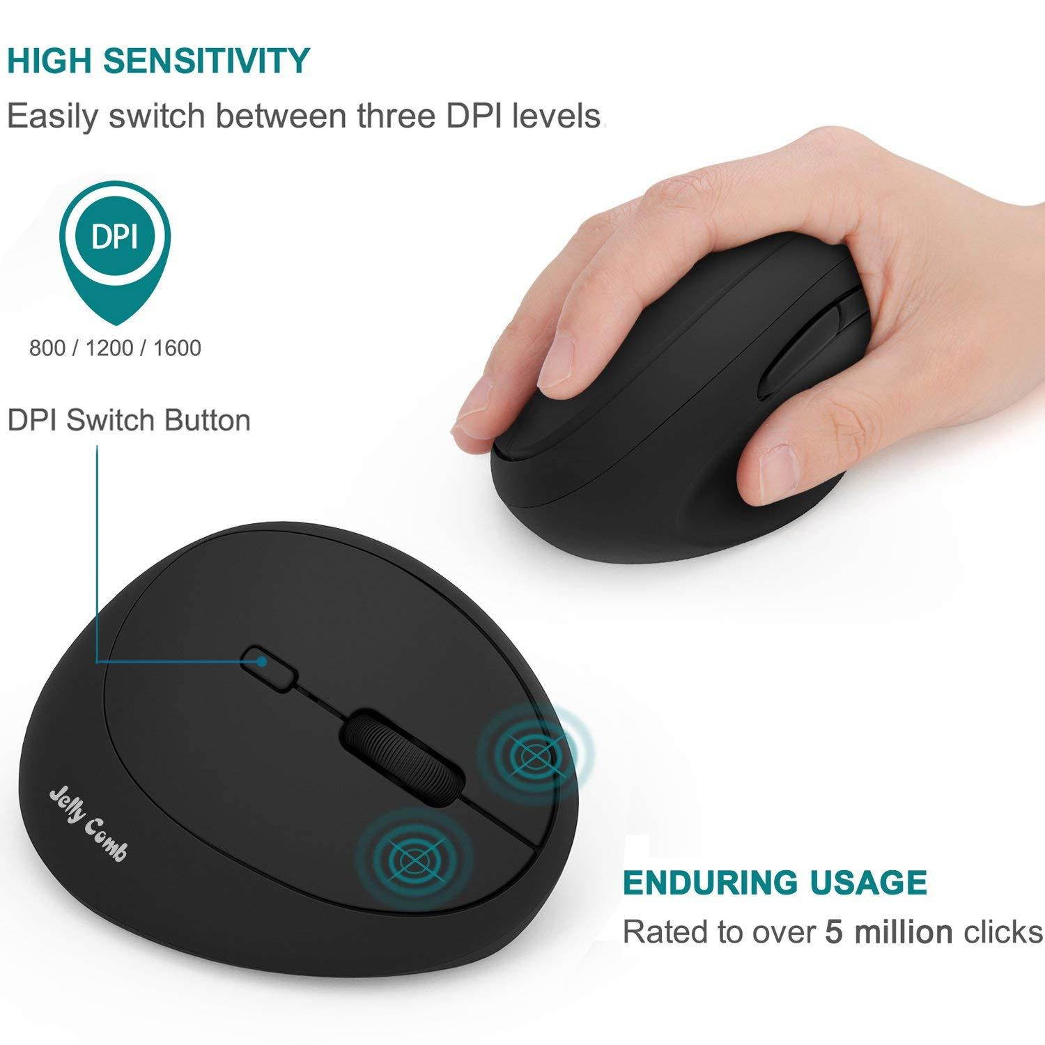 Wireless Vertical Mouse, Jelly Comb MV009 Small Wireless Mouse 2.4G High Precision Ergonomic Optical Mice with Adjustable Sensitivity 800/1200 /1600 DPI, 6 Buttons, ? for Small Hands ? - Black