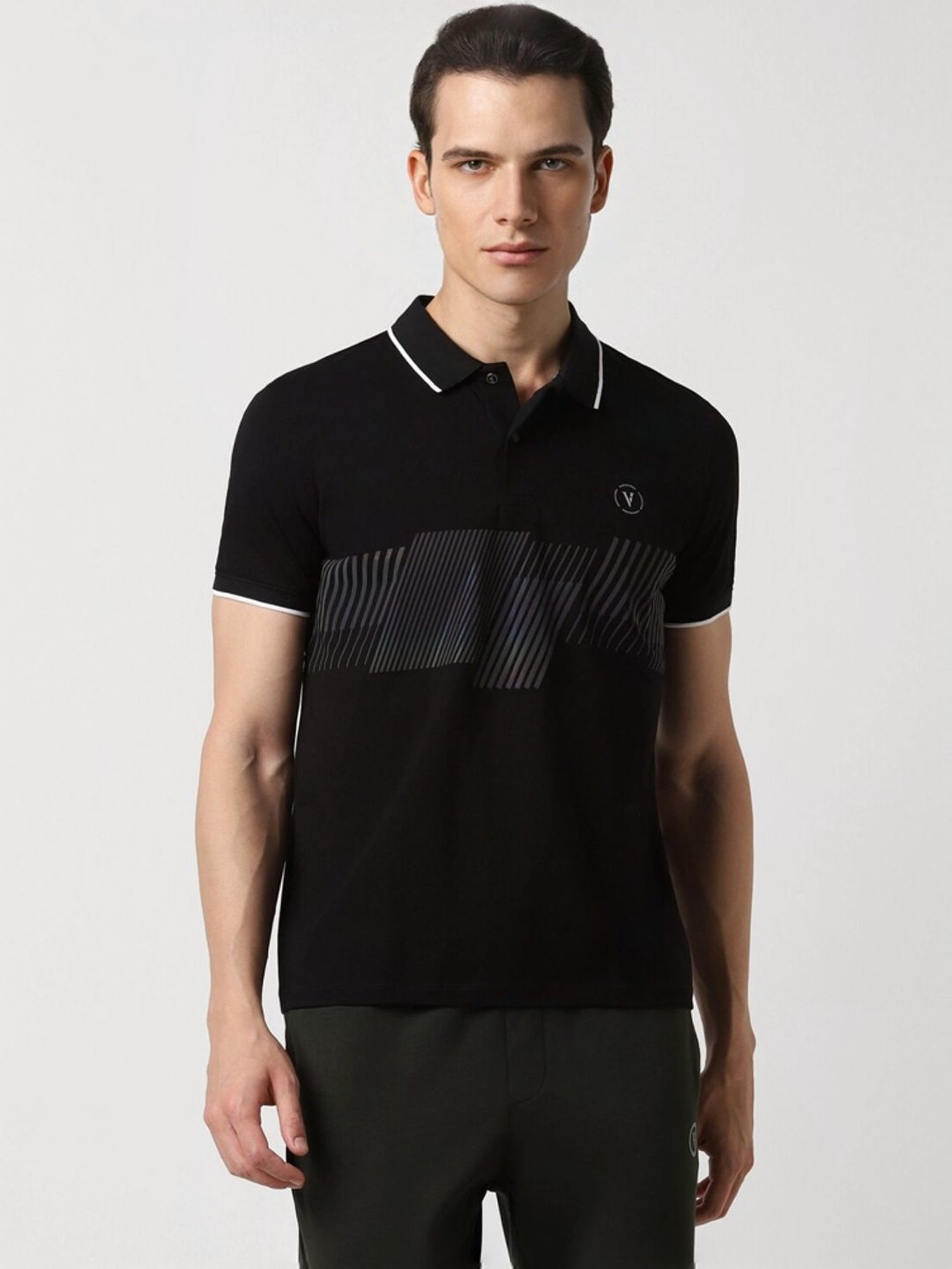 Van Heusen Black Cotton Regular Fit Printed T-Shirt