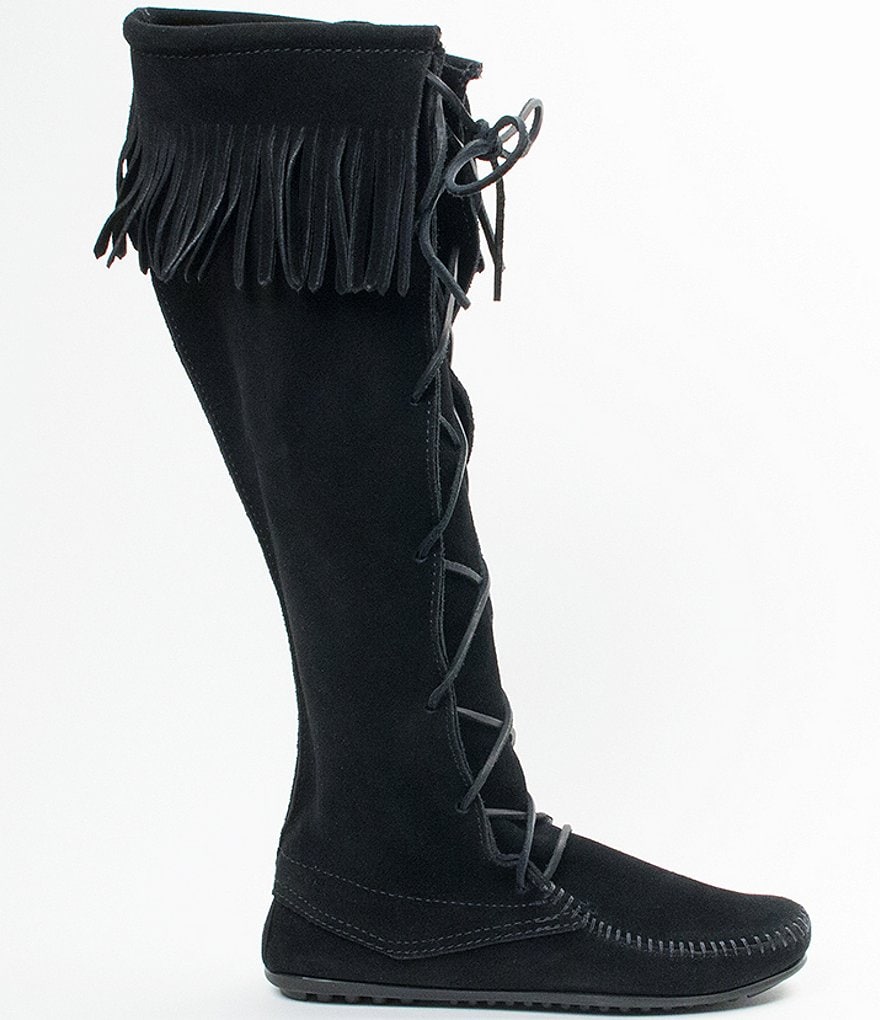 Minnetonka Women's Hardsole Suede Fringe Lace Up Boots