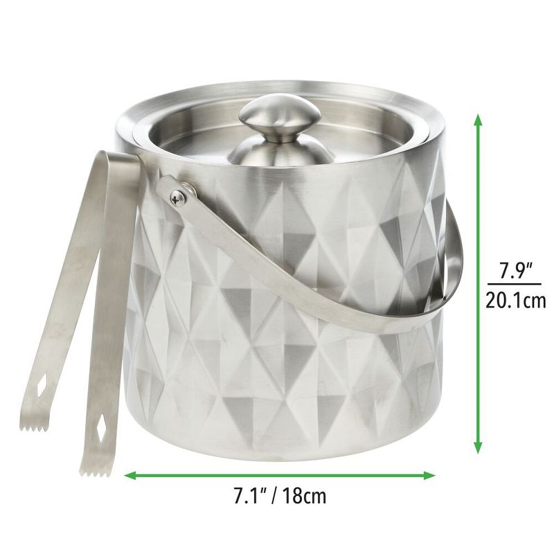 mDesign Ice Bucket with Lid, Tongs, Handle - Insulated Stainless Steel - Brushed