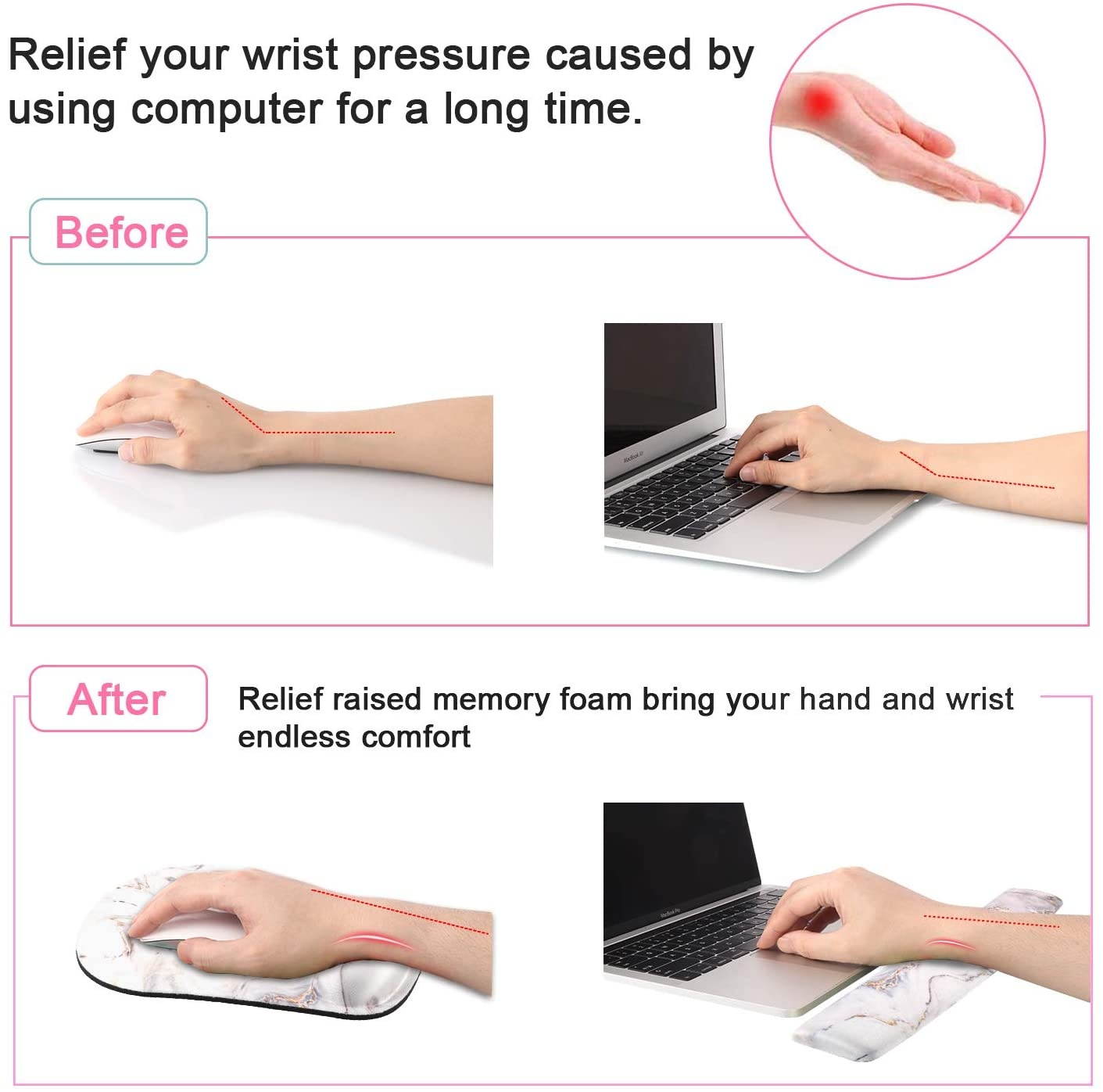Artiron Keyboard Wrist Rest and Ergonomic Mouse Pad with Wrist Support, Memory Foam Filled Non Slip Base Easy Typing and Relieve Wrist Pain for Computer Office Laptop (Platinum Marble)