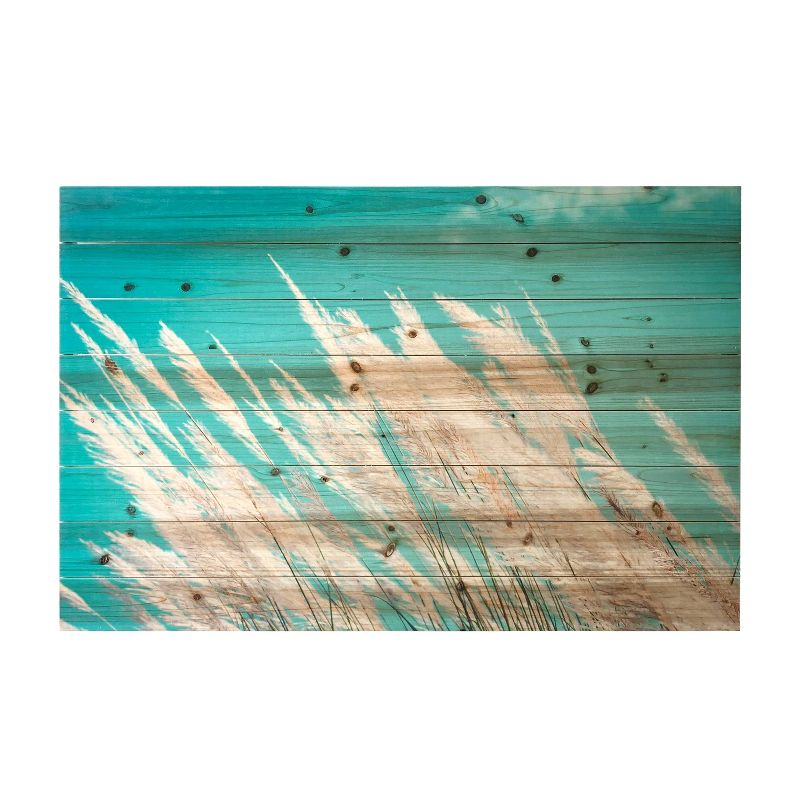 24" x 36" Pampas Grassy Field Print on Planked Wood Wall Sign Panel Teal Blue - Gallery 57