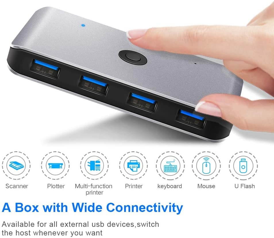 USB3.0 Switch Selector, 2 Computers 6-Port USB 3.0 Peripheral Sharing Switch Hub Adapter for Keyboard, Mouse, U-disk, Printer, KVM One-Second Switcher USB3.0, Compatible with Mac / Windows / Linux