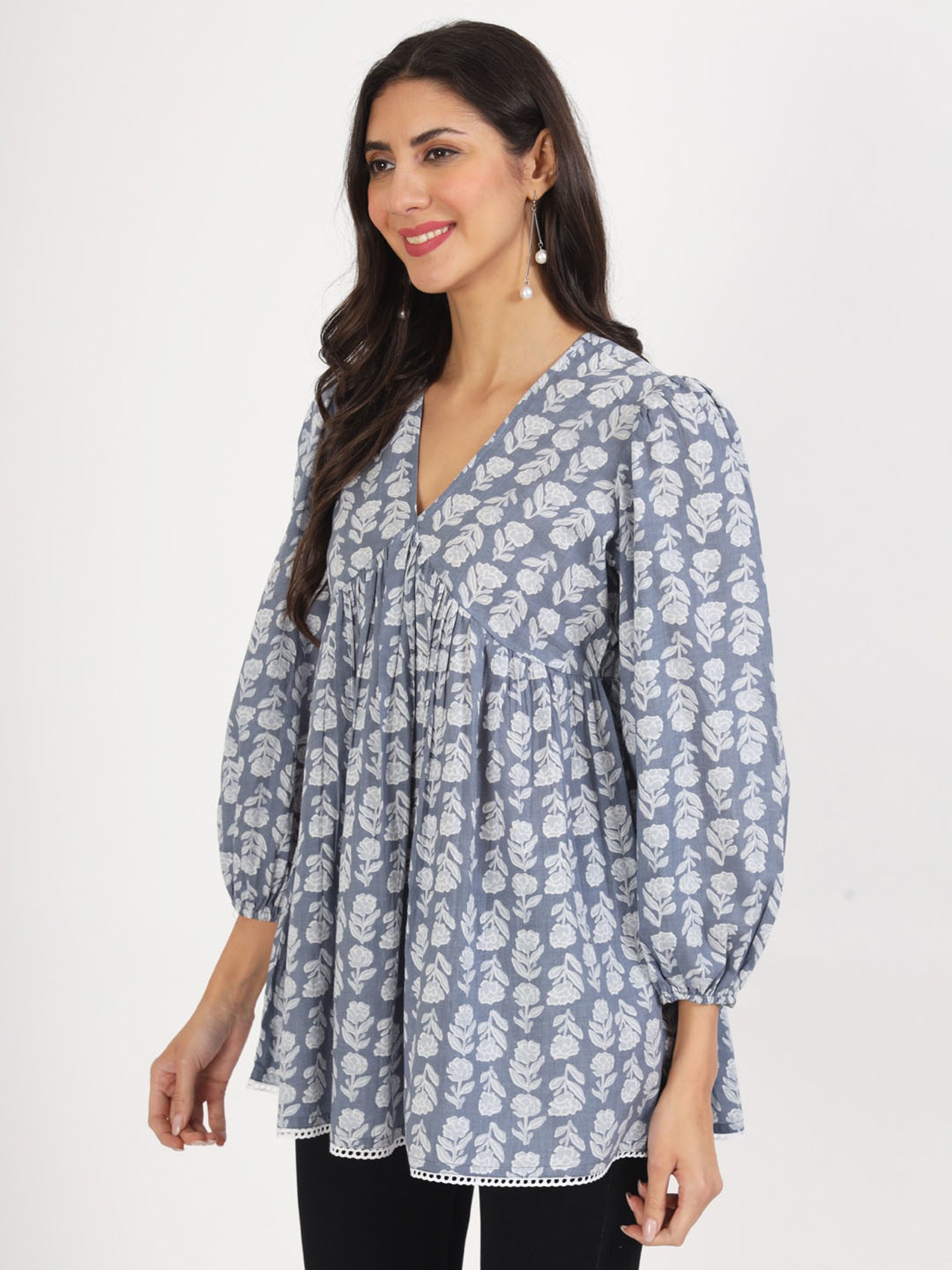 Divena Grey Cotton Floral Print Top