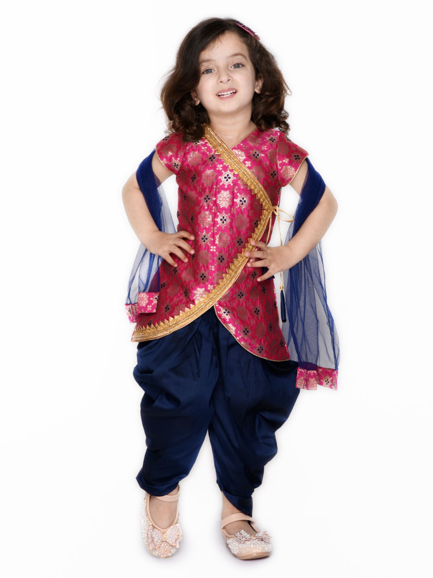 Saka Designs Kids Magenta & Navy Printed Kurta with Dhoti & Dupatta