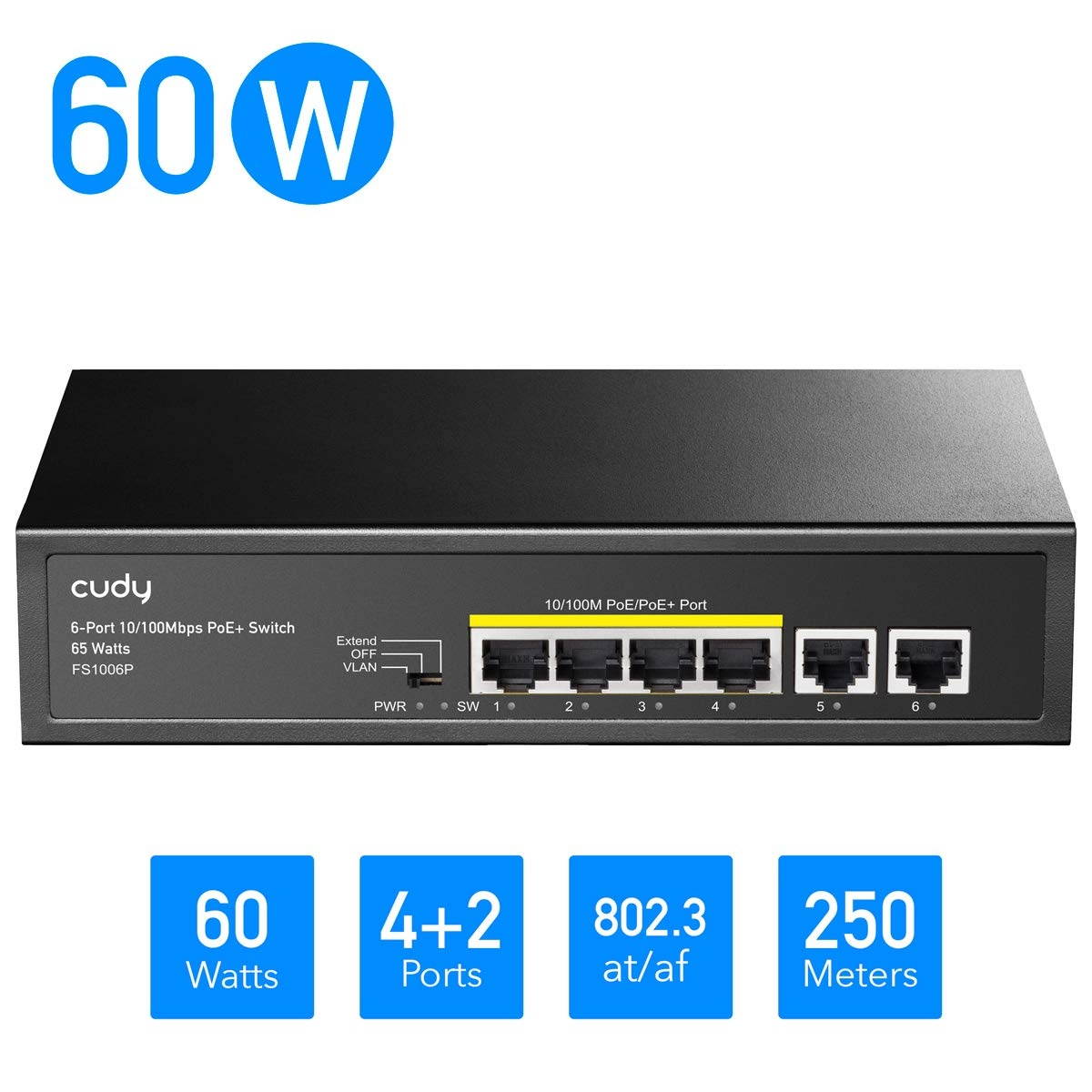 Cudy 6 Port Ethernet PoE+ Unmanaged Switch 4 x PoE+ @ 60W 802.3af 802.3at CCTV Mode Sturdy Metal Fanless Housing Plug and Play