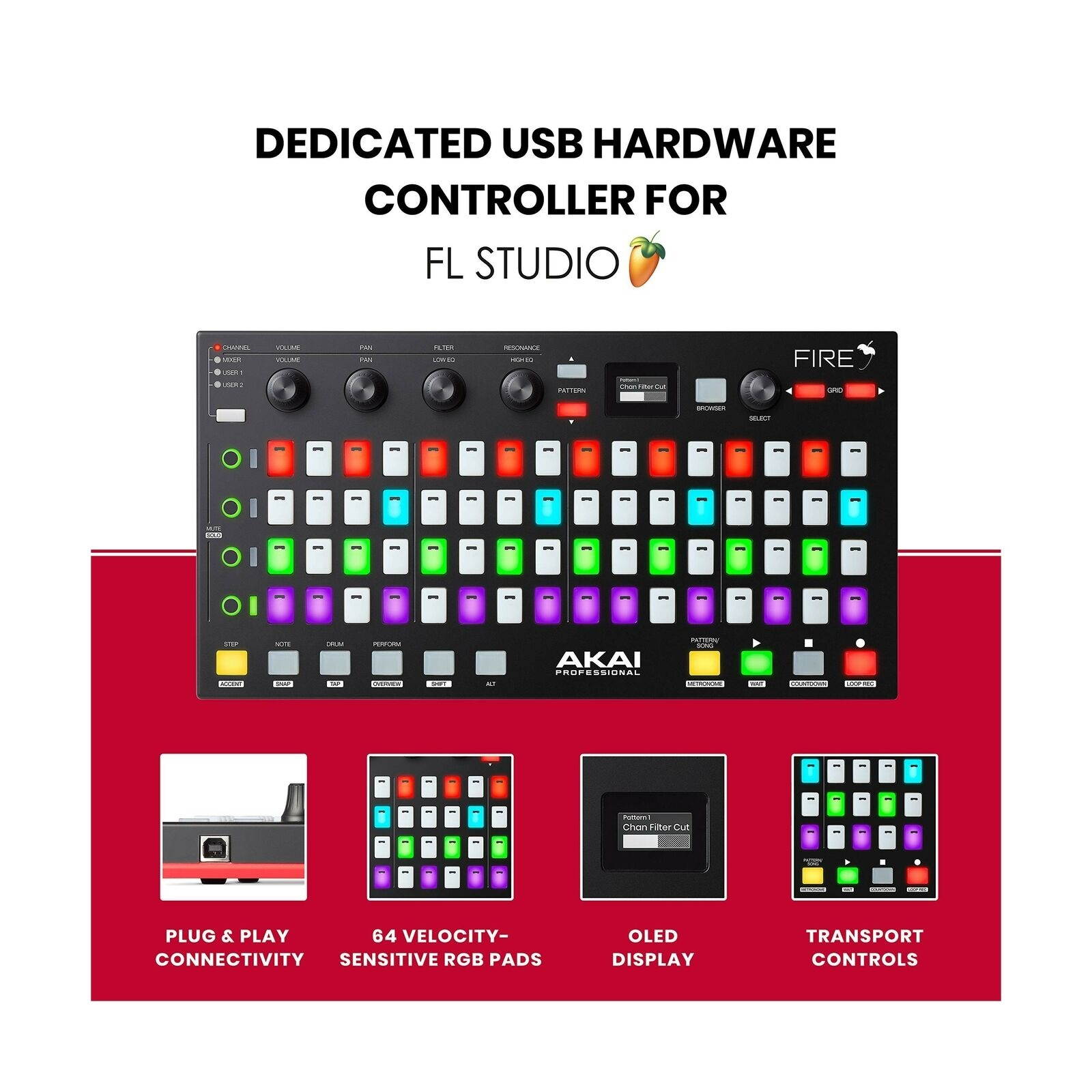 Akai Professional USB MIDI Controller for FL Studio with 64 RGB Clip/Drum Pad...