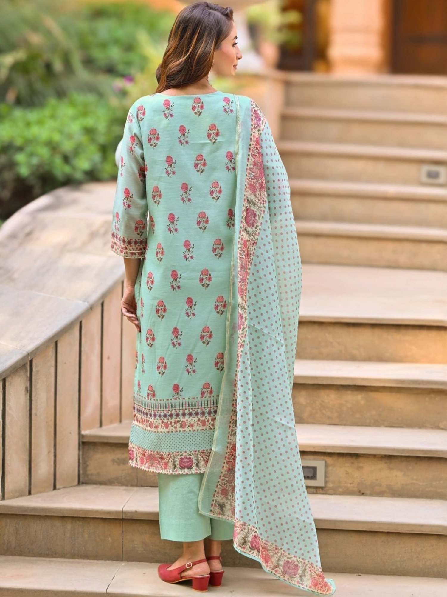 Mahee Jaipur Blue Daman Block Print Chanderi Kurta with Pant and Dupatta