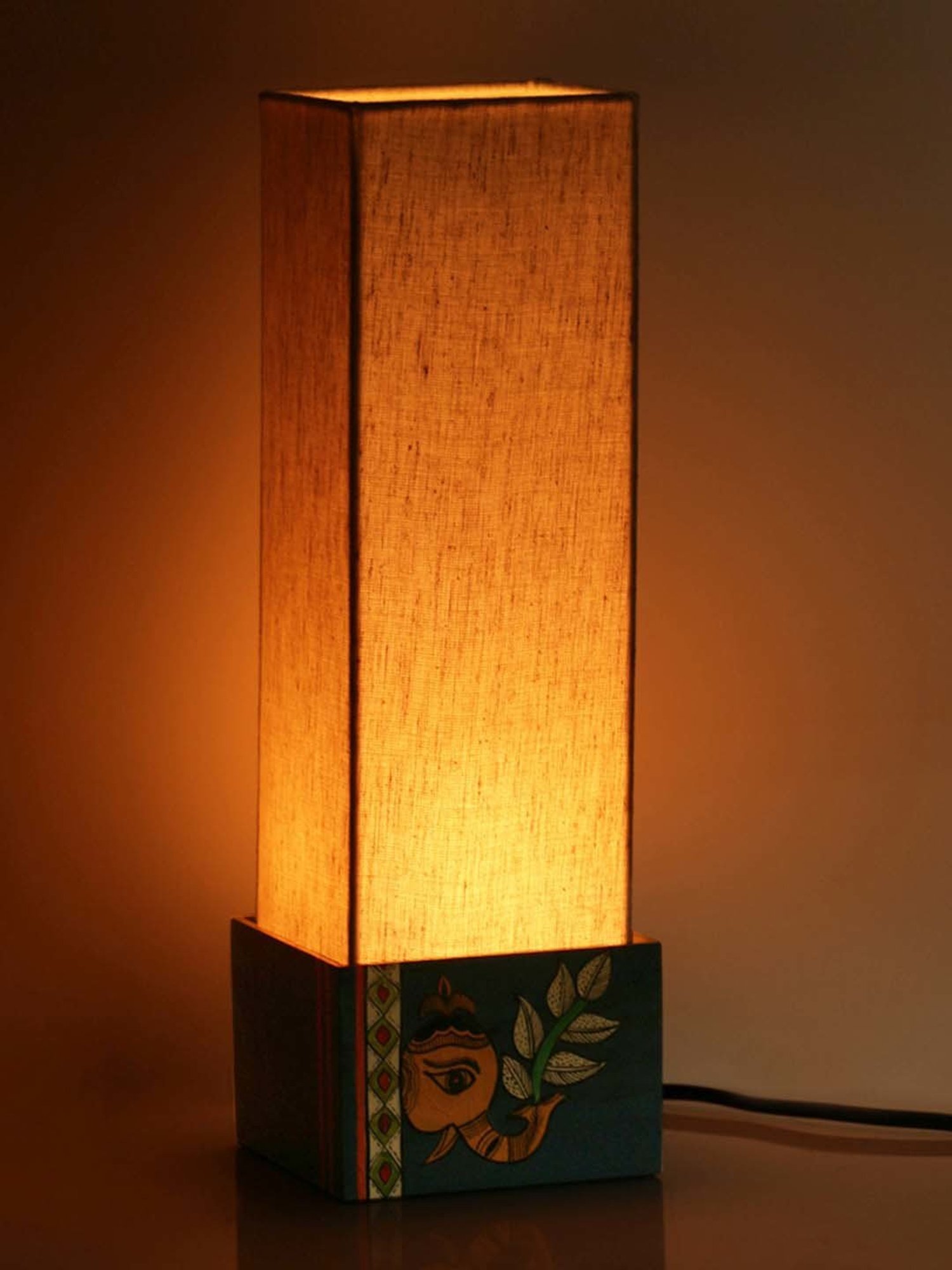 ExclusiveLane 'The Blueberry Elephant' Madhubani Hand-Painted Square Table Lamp In Wood