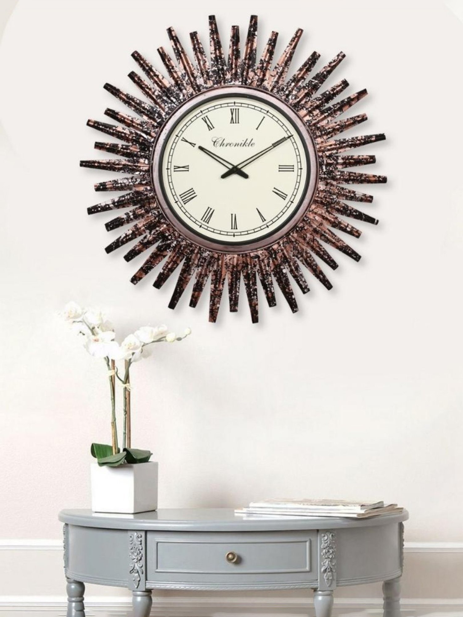 CHRONIKLE Designer Frame Black and Copper Iron Roman Number Analog Wall Clock