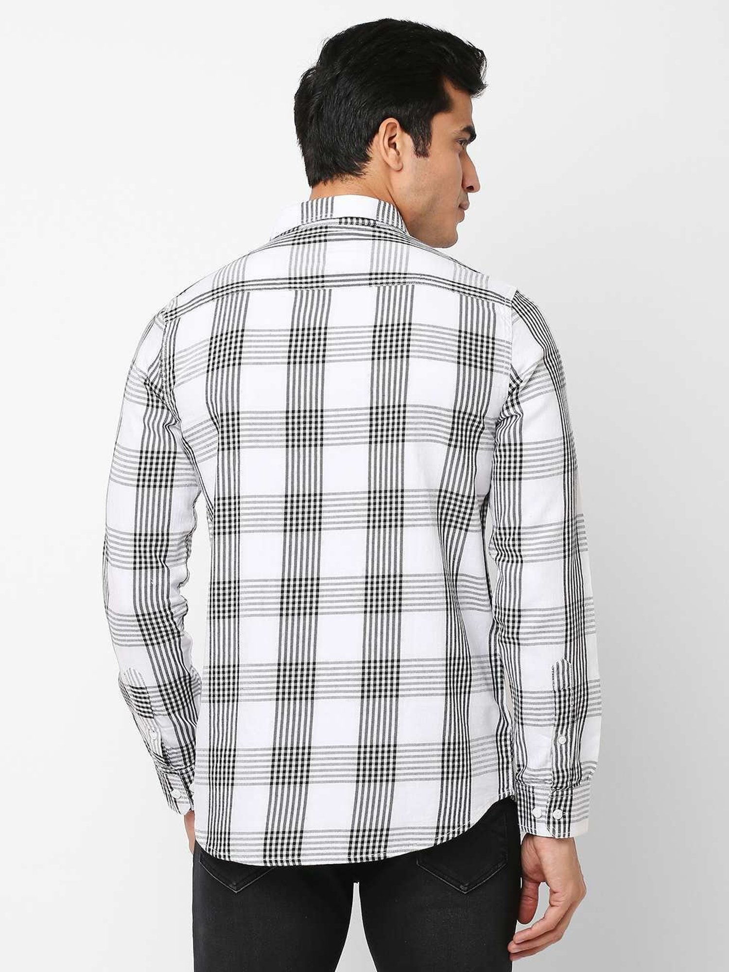SOLEMIO White & Black Cotton Slim Fit Checks Shirt