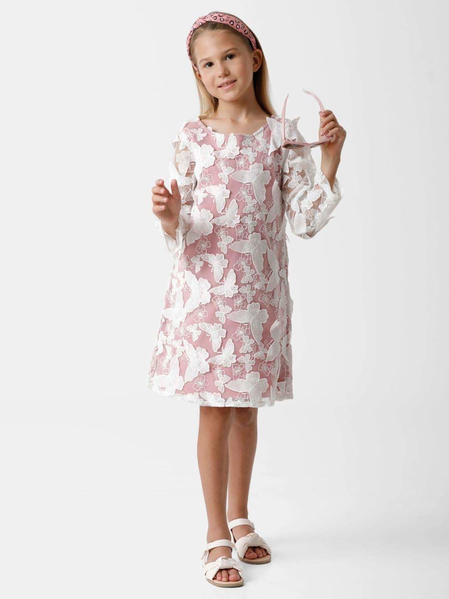 Kate & Oscar Kids White & Pink Embroidered Full Sleeves Dress