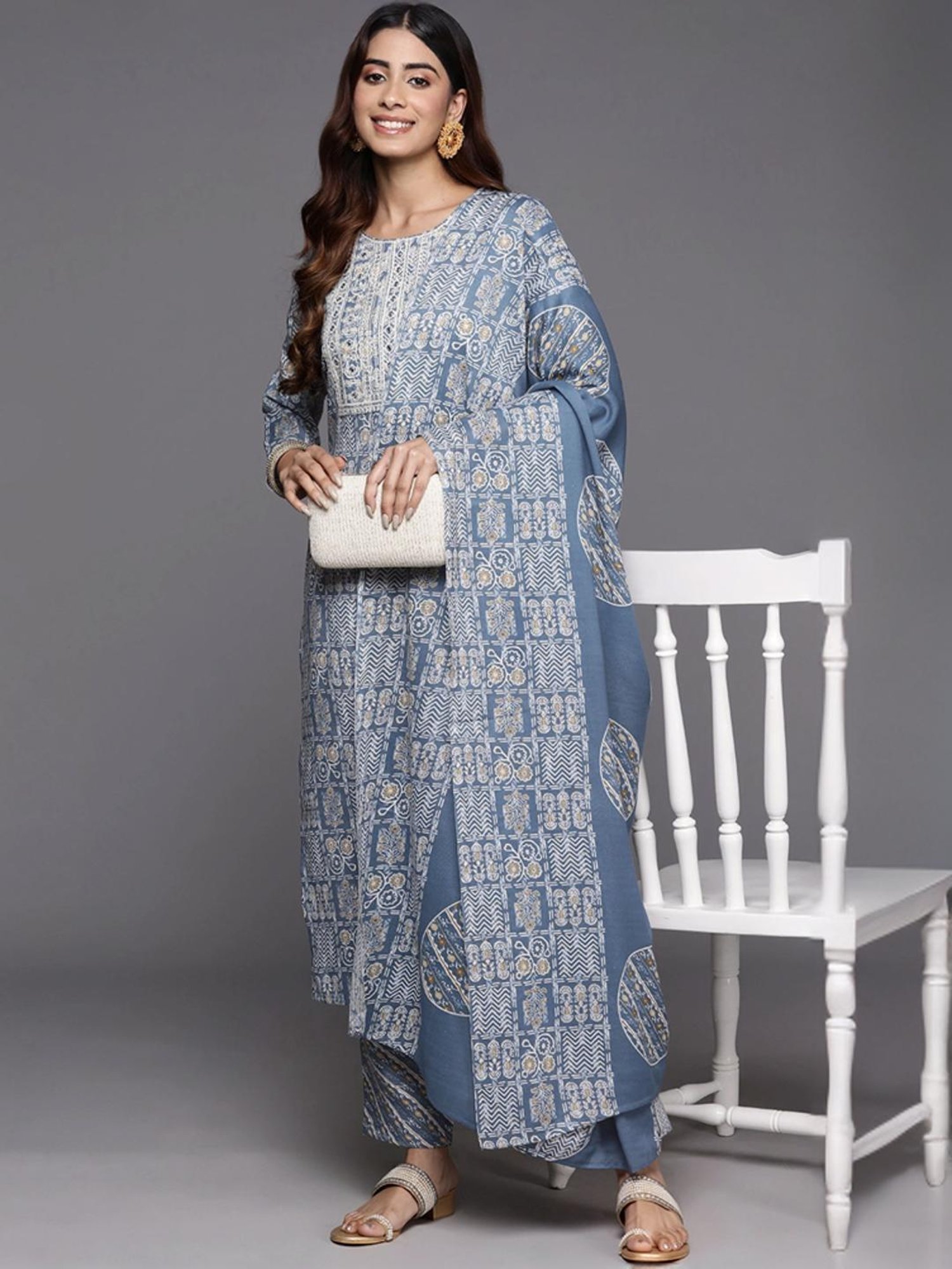 Varanga Blue Printed Kurta Pant Set With Dupatta