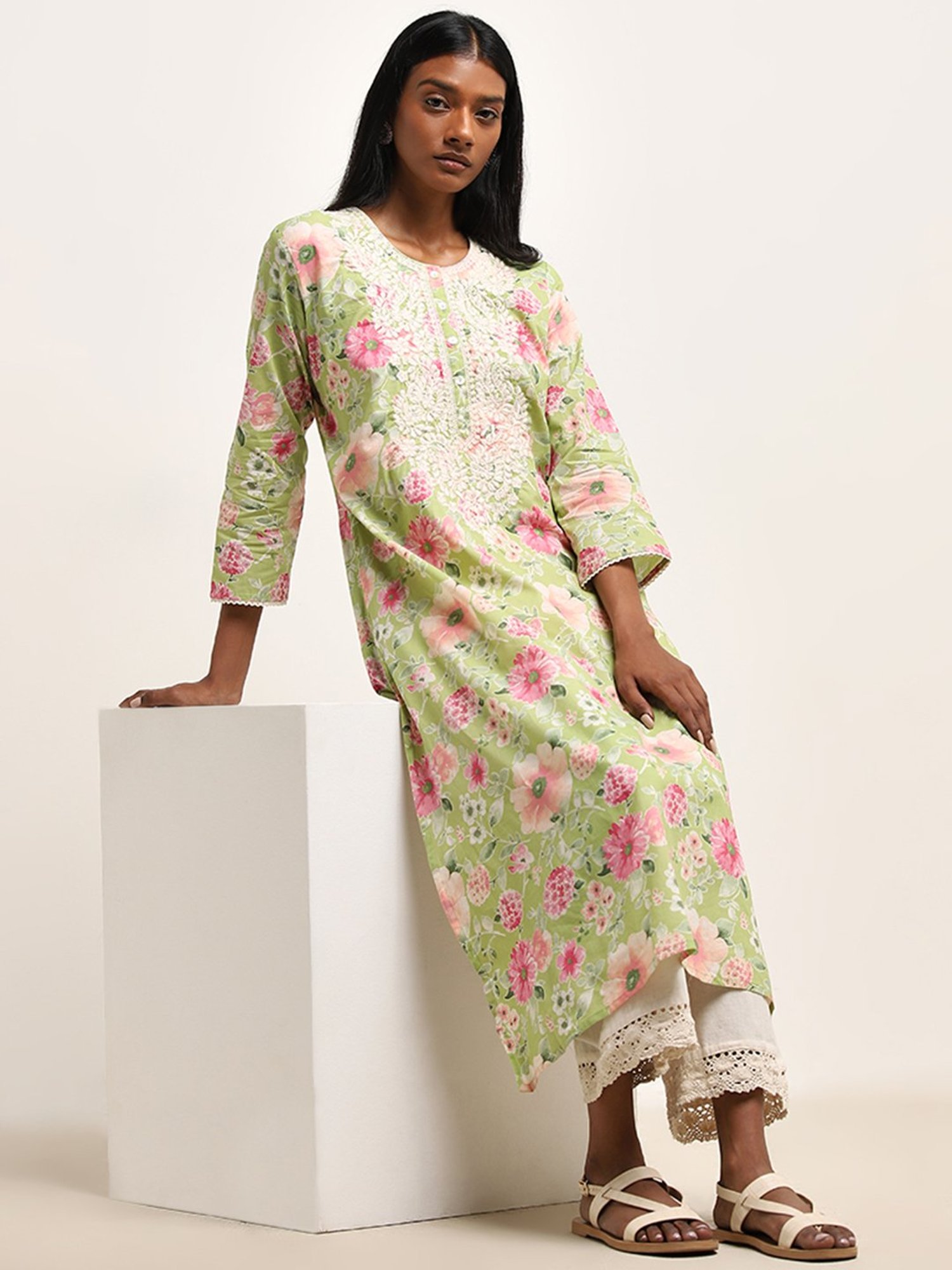 Utsa by Westside Green Floral Printed A-Line Cotton Kurta