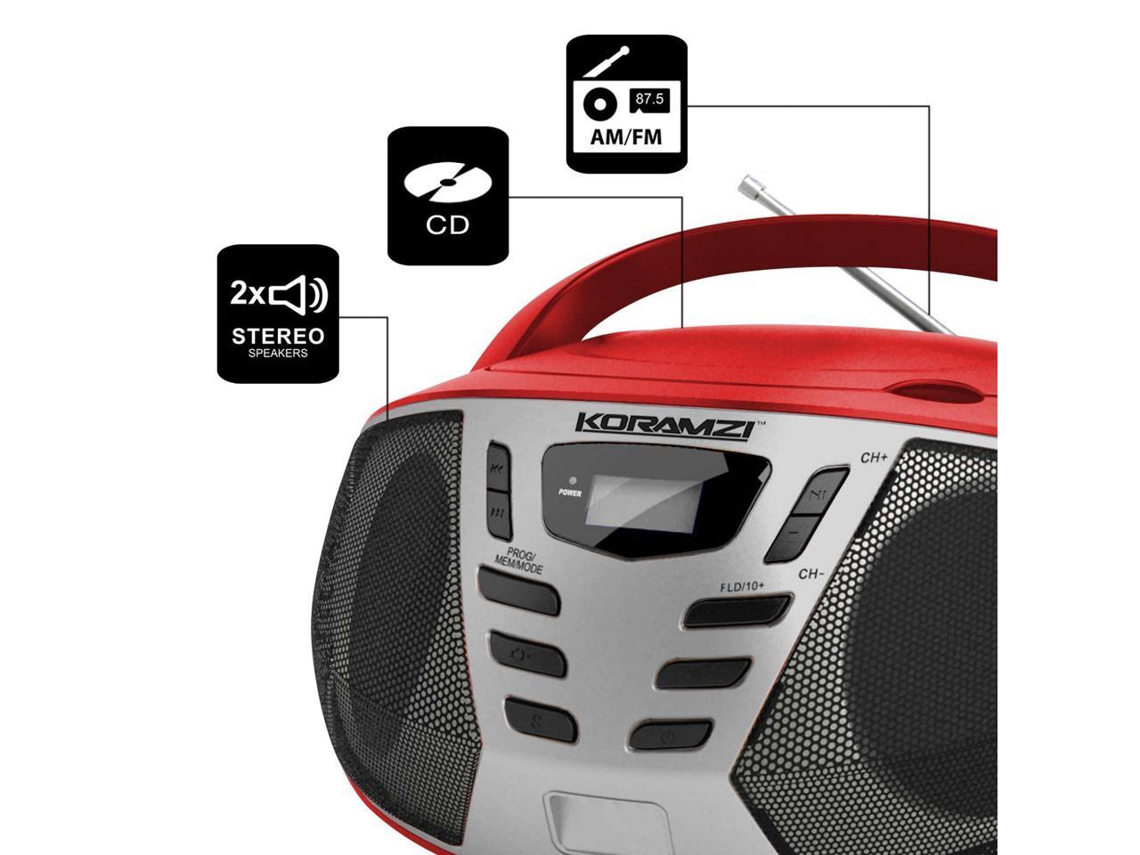 KORAMZI CD55-BKS Portable CD Boombox with AM/FM Radio, Top Loading CD Player, Telescopic Antenna, LCD Display for Indoor & Outdoor, Offices, Home, Restaurants, Picnics, School , Camping