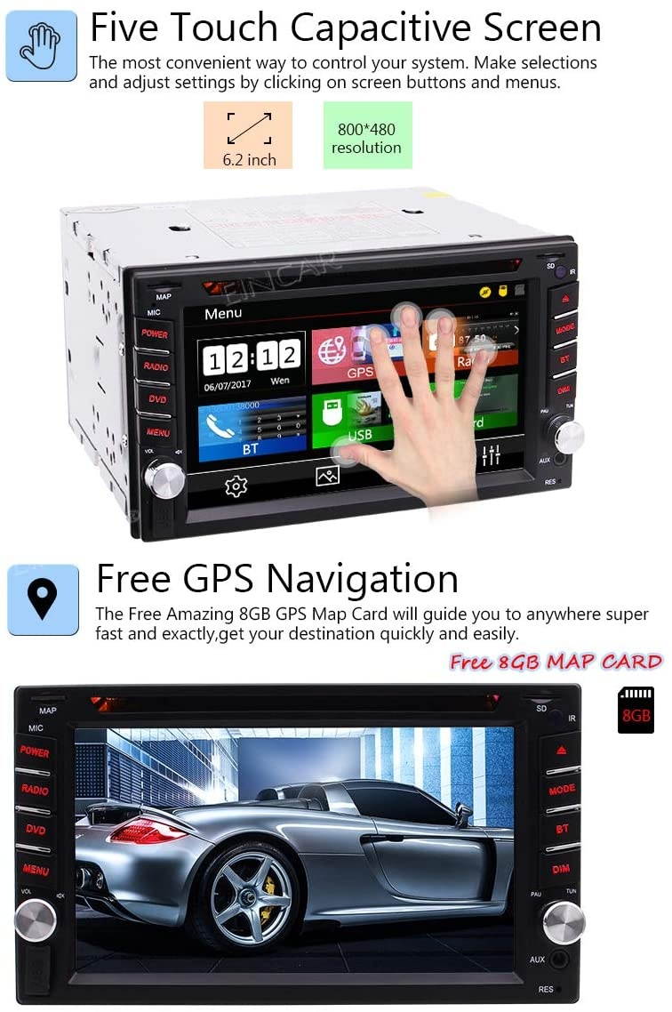 Double 2 Din Car Stereo Bluetooth Car DVD Player in Dash GPS Navigation FM/AM Car Radio Media Receiver 6.2 inch 5-Touch Touchscreen Display Headunit USB SD AUX in Wireless Remote + Backup Camera