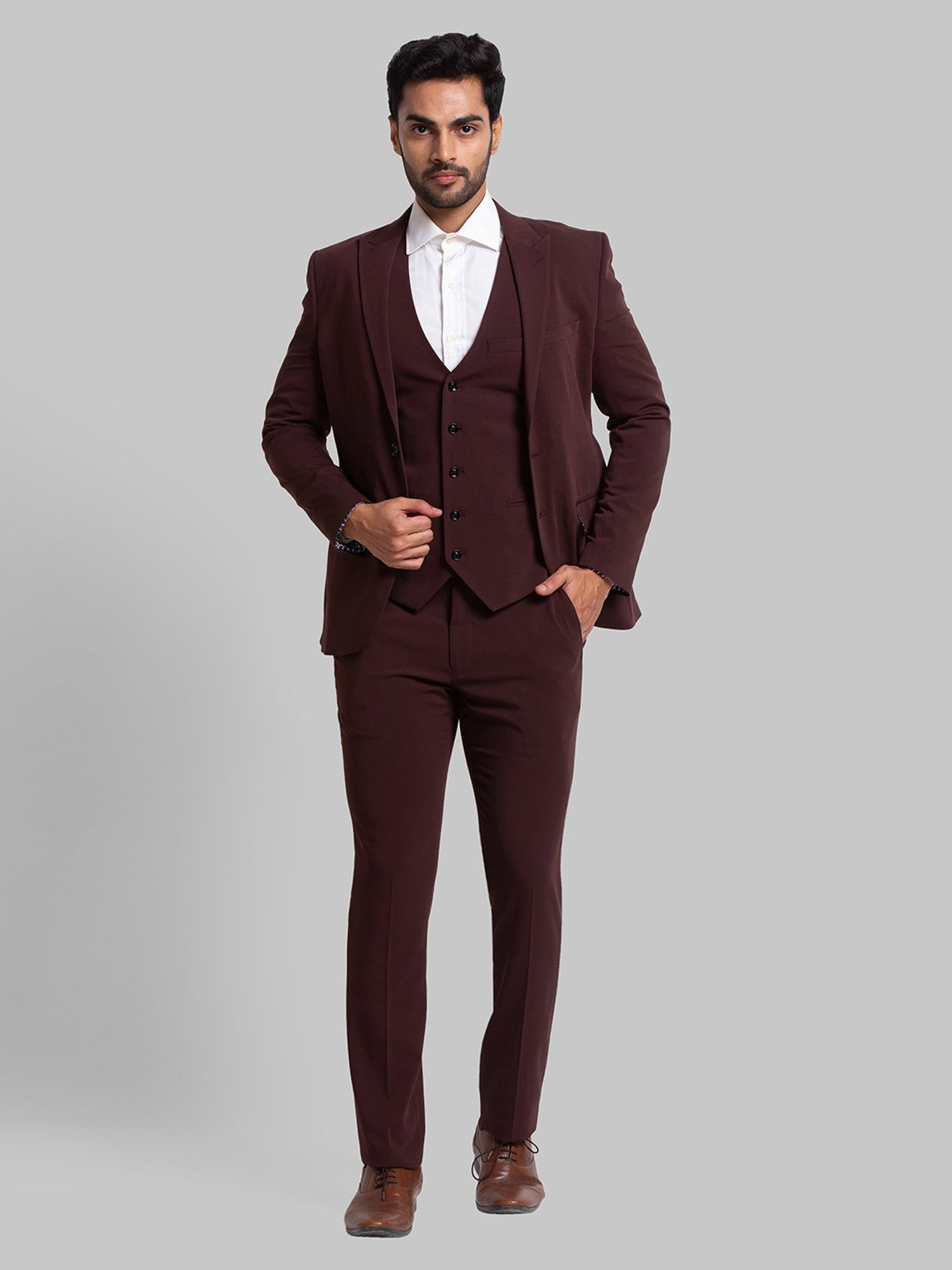 Parx Maroon Regular Fit Three Piece Suit