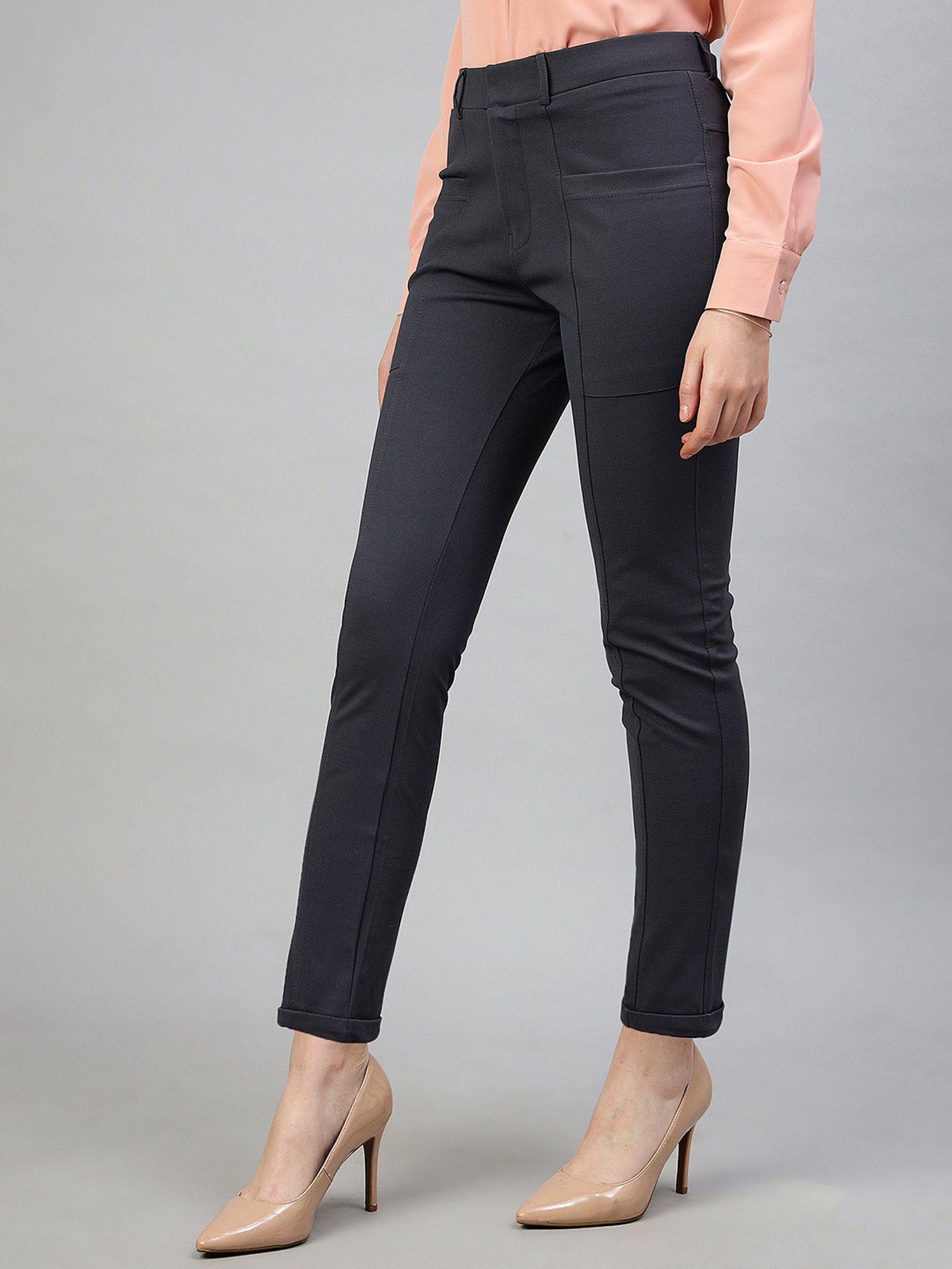 FITHUB Dark Grey Slim Fit Mid Rise Trousers