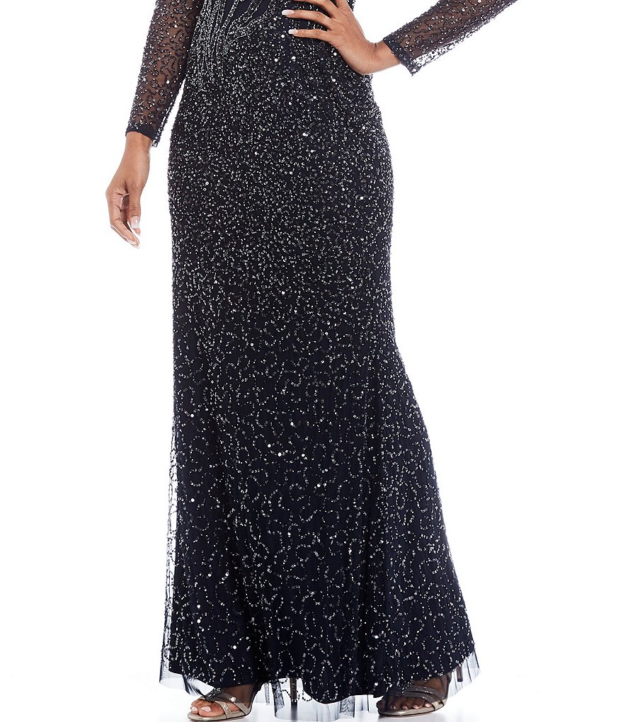 Kay Unger Long Bishop Sleeve V-Neck Crepe A-Line Dress