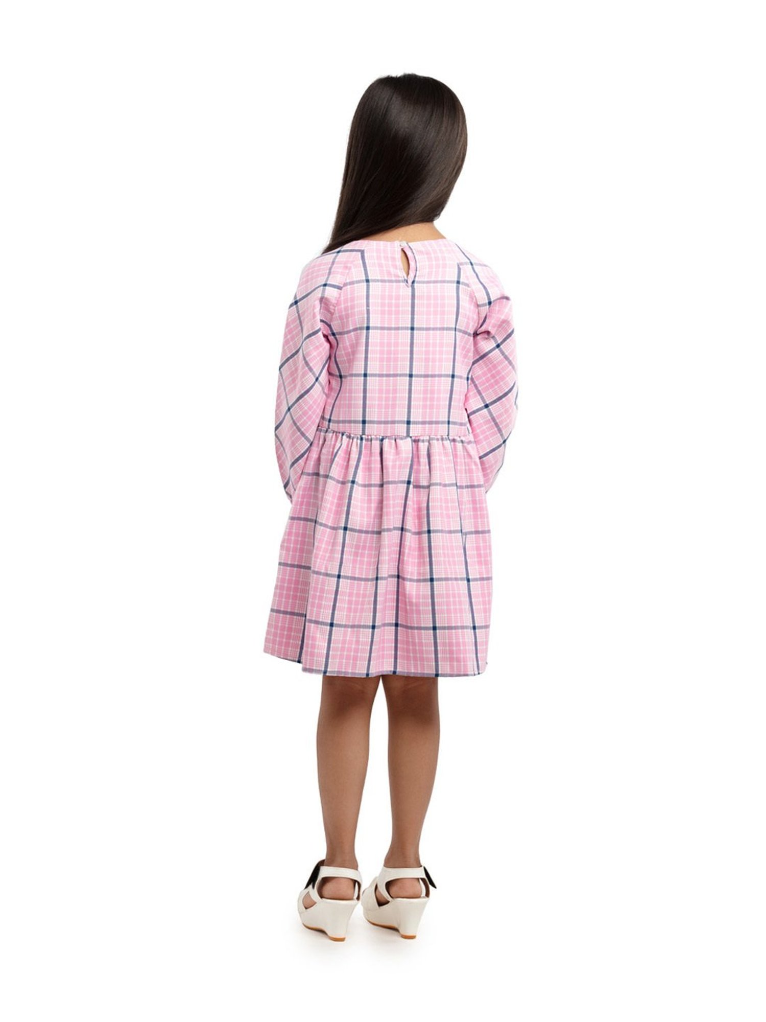 Under Fourteen Only Kids Pink Cotton Chequered Full Sleeves Dress