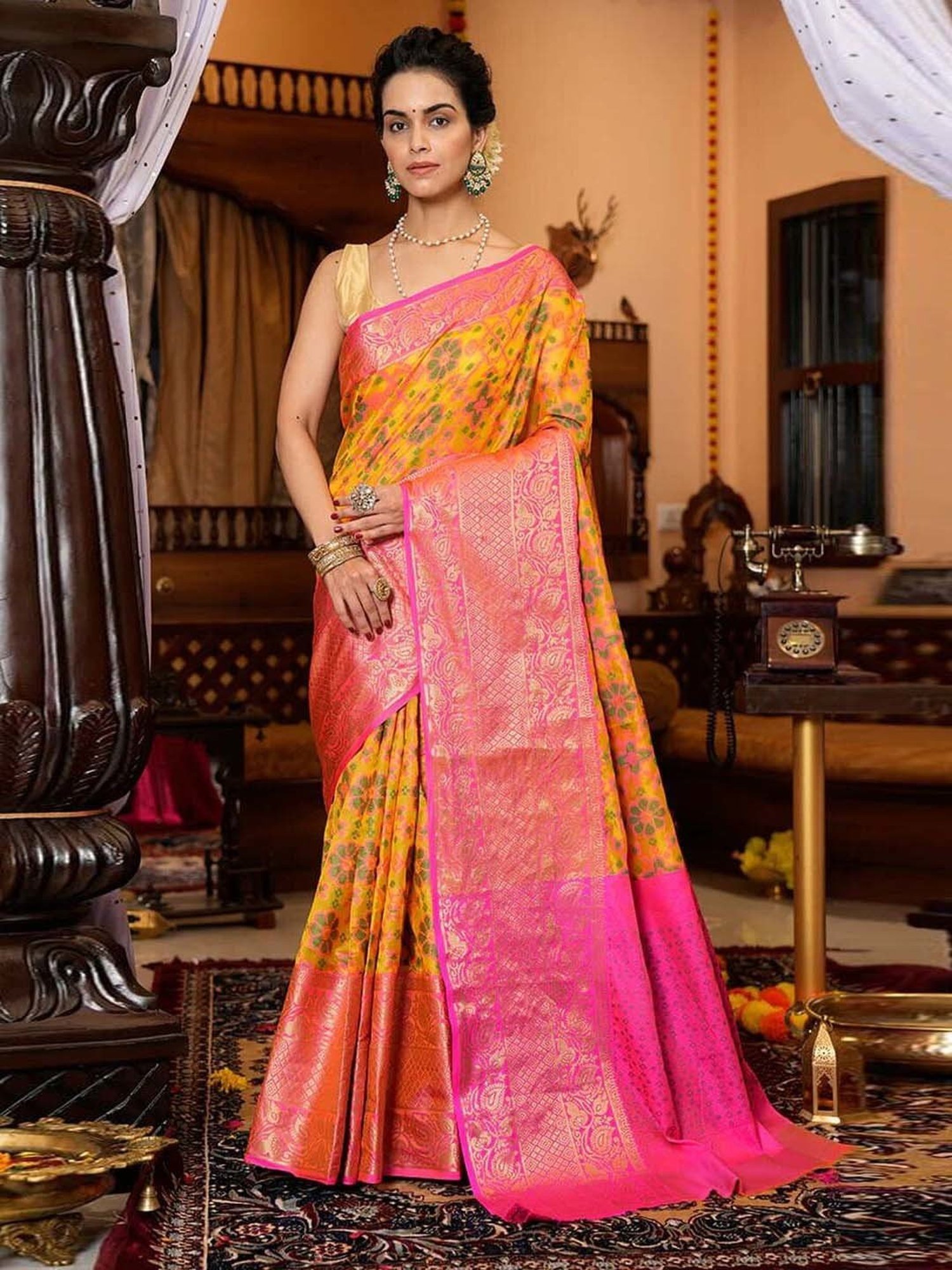 Rangita Yellow & Pink Silk Woven Saree With Unstitched Blouse