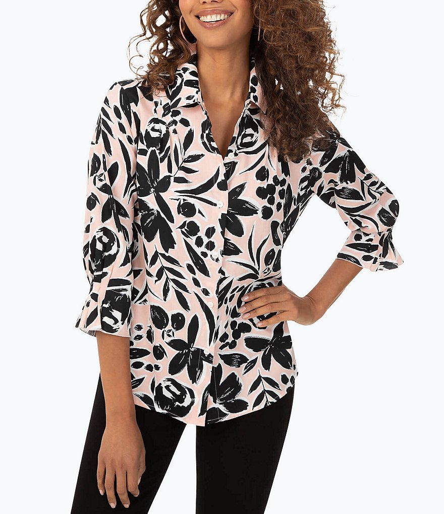 Foxcroft Flirty Floral Point Collar Neck 3/4 Pleat Sleeve Non-Iron Cotton Shirt