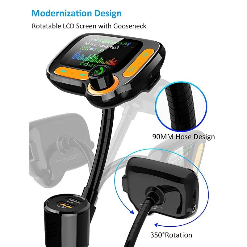 FM Transmitter Car Adapter,Support Wireless Handsfree Call and MP3 Music/APP Audio Play,1.8" Color Screen,3 USB Charger,3.5mm AUX Port,Compatible with iPhone,iPad,Samsung and More