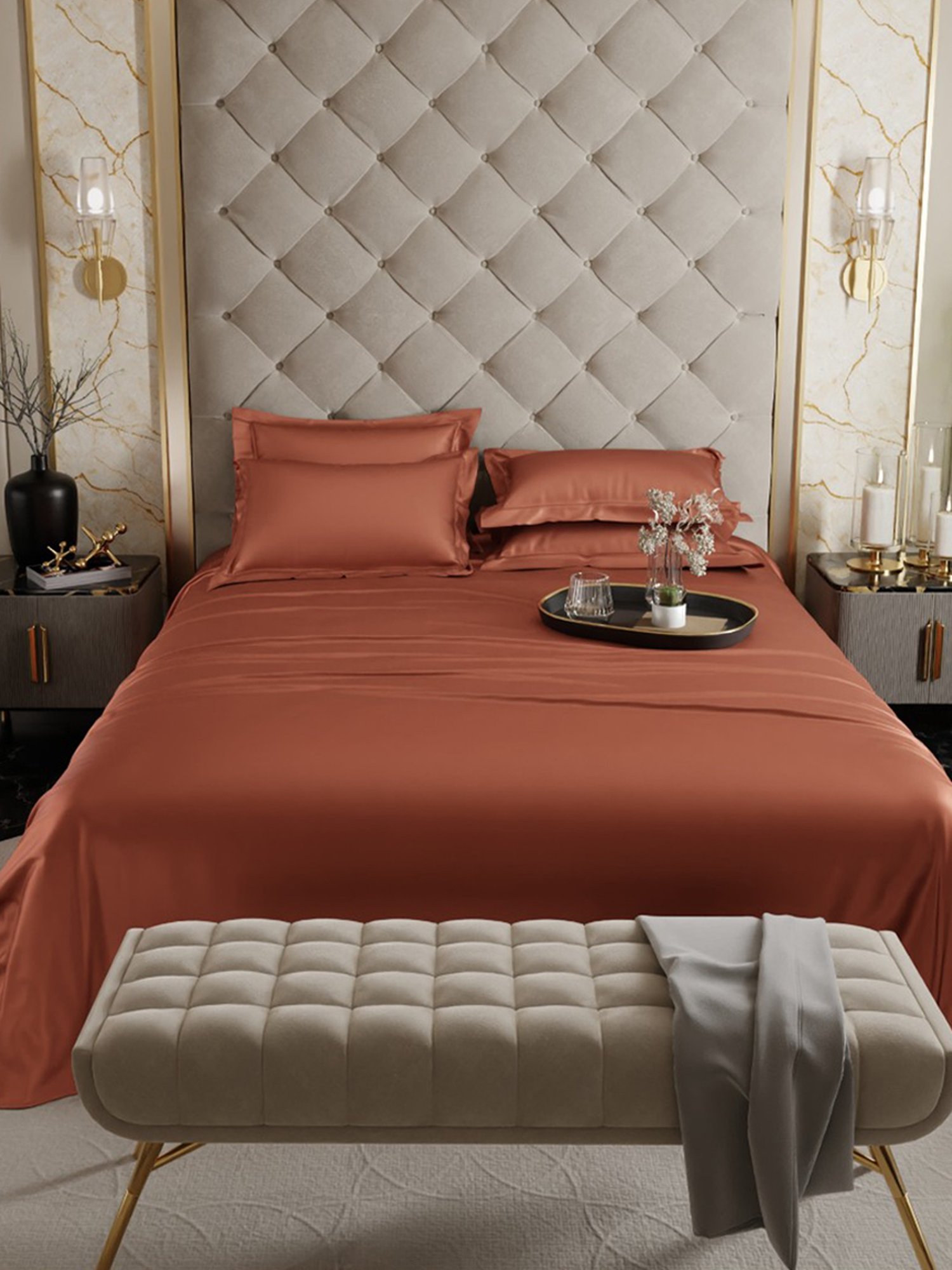 Stoa Paris Date Night Collection 300 TC Copper Sateen Super King Bed Sheet with 4 Pillow Covers