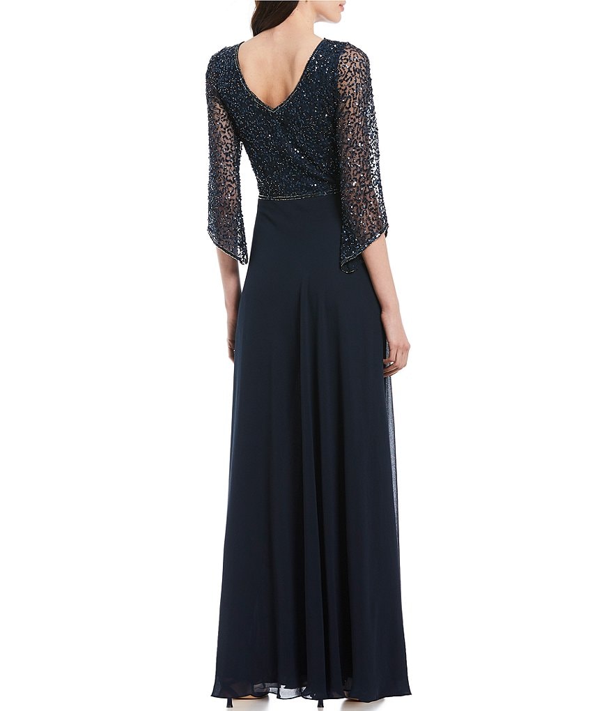 Jkara Petite Size V-Neck 3/4 Sleeve Beaded Bodice Gown