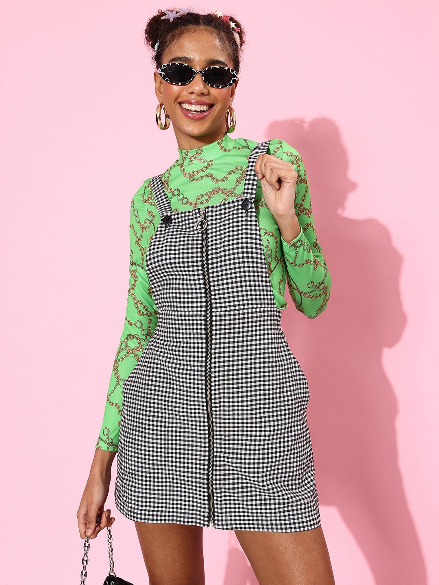 QUIERO Black & White Checks A Line Dress