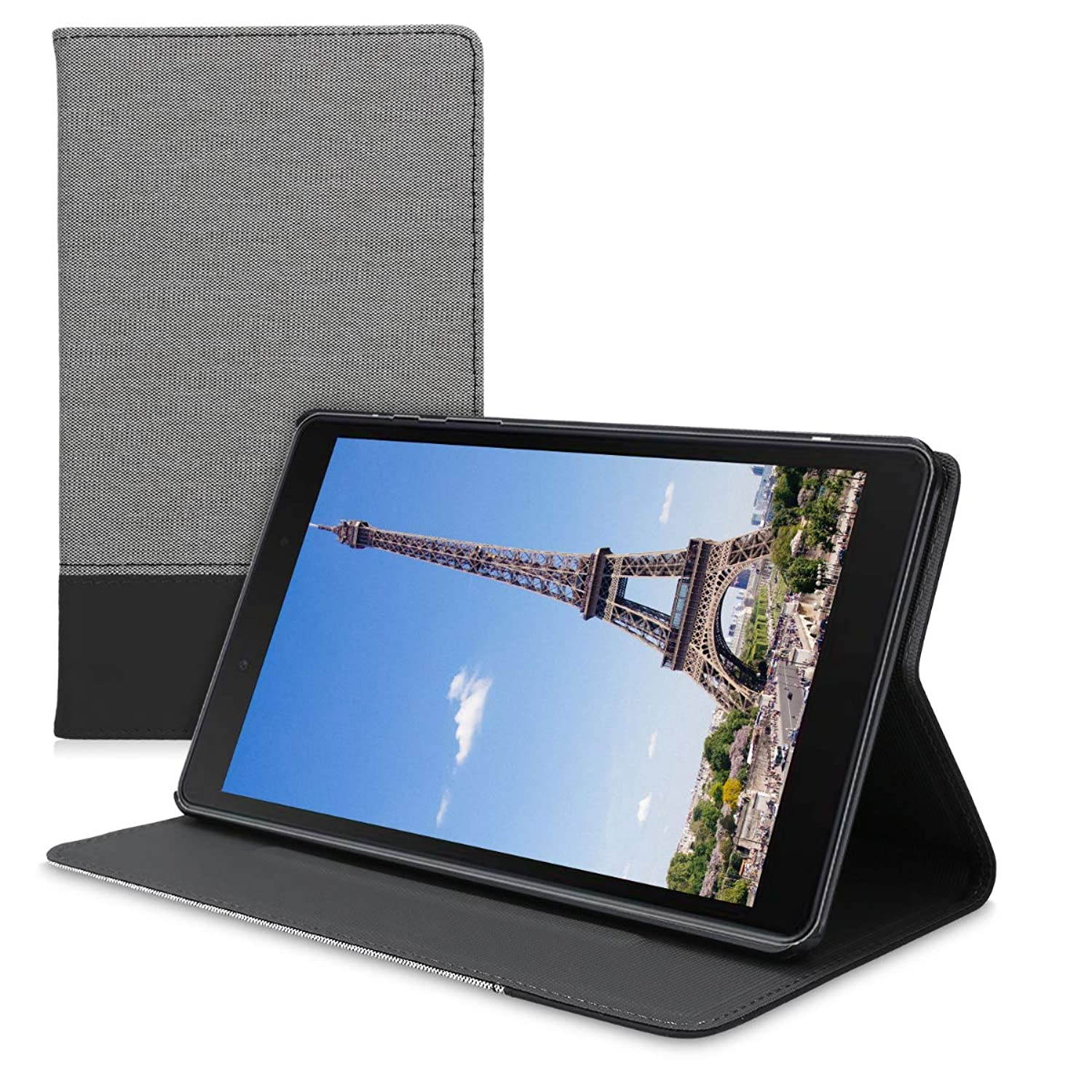 kwmobile Case Compatible with Samsung Galaxy Tab A 8.0 (2019) - PU Leather and Canvas Cover with Stand Feature - Grey/Black