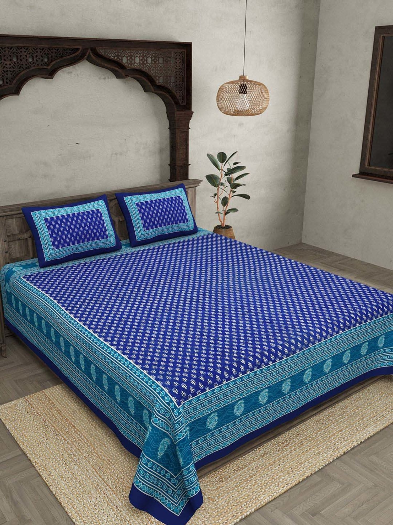 JaipurFabric Navy 100% Pure Cotton 120 TC Double Bedsheet with 2 Pillow Covers