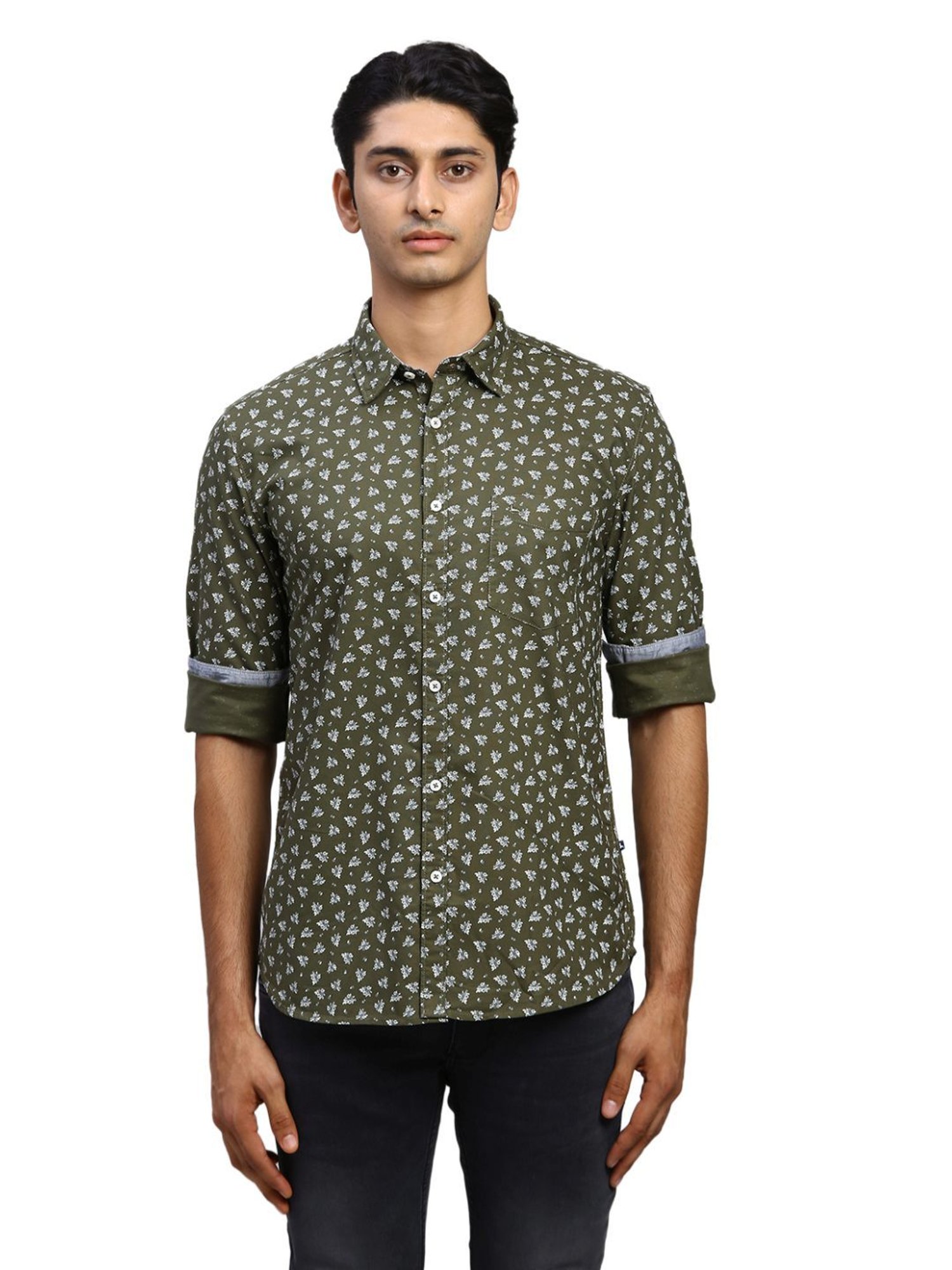 Parx Green Cotton Slim Fit Printed Shirt