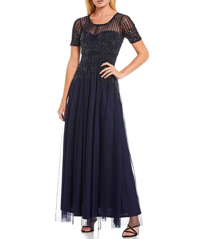 Pisarro Nights Petite Size Short Sleeve Illusion Scoop Neck Beaded Gown