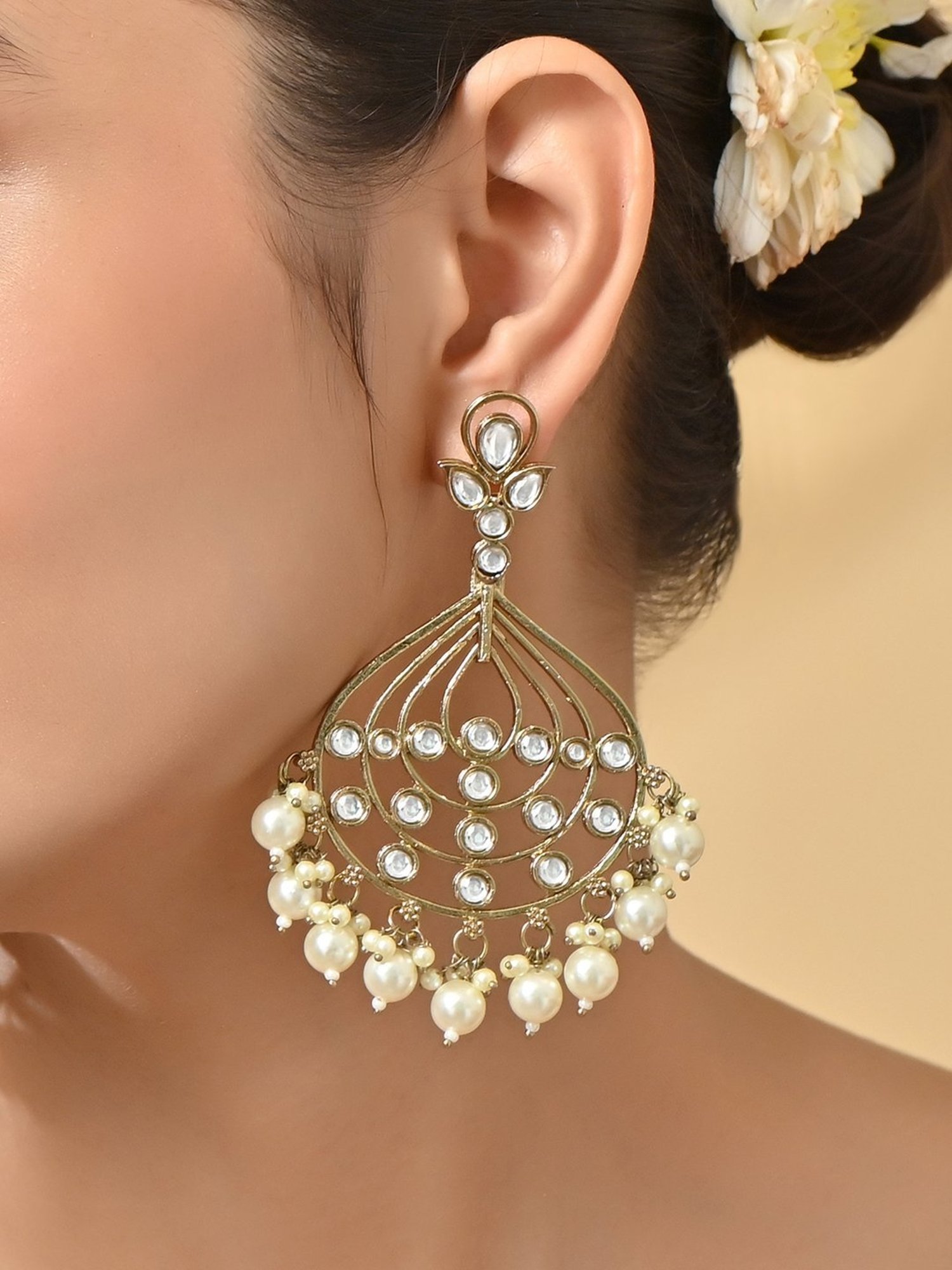 Fida Mehendi Gold & White Kundan Pearl Dangler Earrings for Women