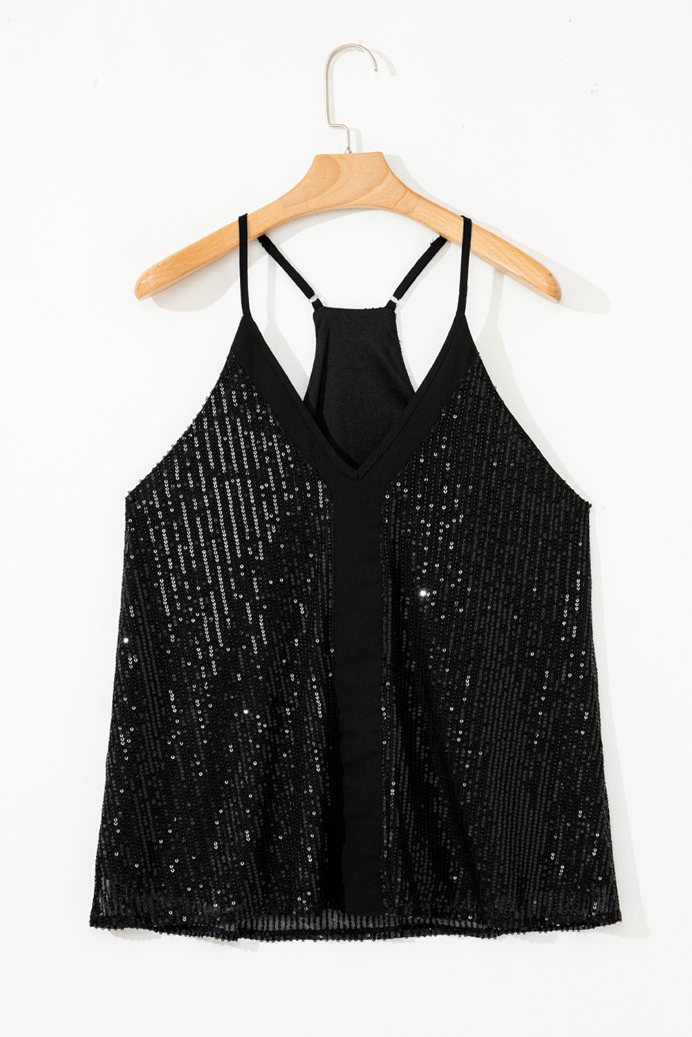 Black Sexy Contrast Spaghetti Strap Sequin Camisole