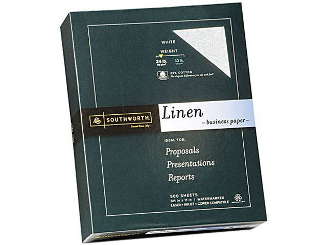 Southworth 554C 25% Cotton Linen Business Paper, 24 lbs., 8-1/2 x 11, White, 500/Box