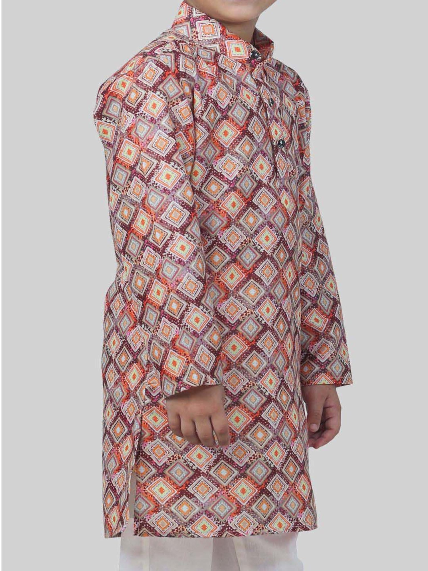 Ahhaaaa Kids Pink & White Cotton Handloom Full Sleeves Kurta Set