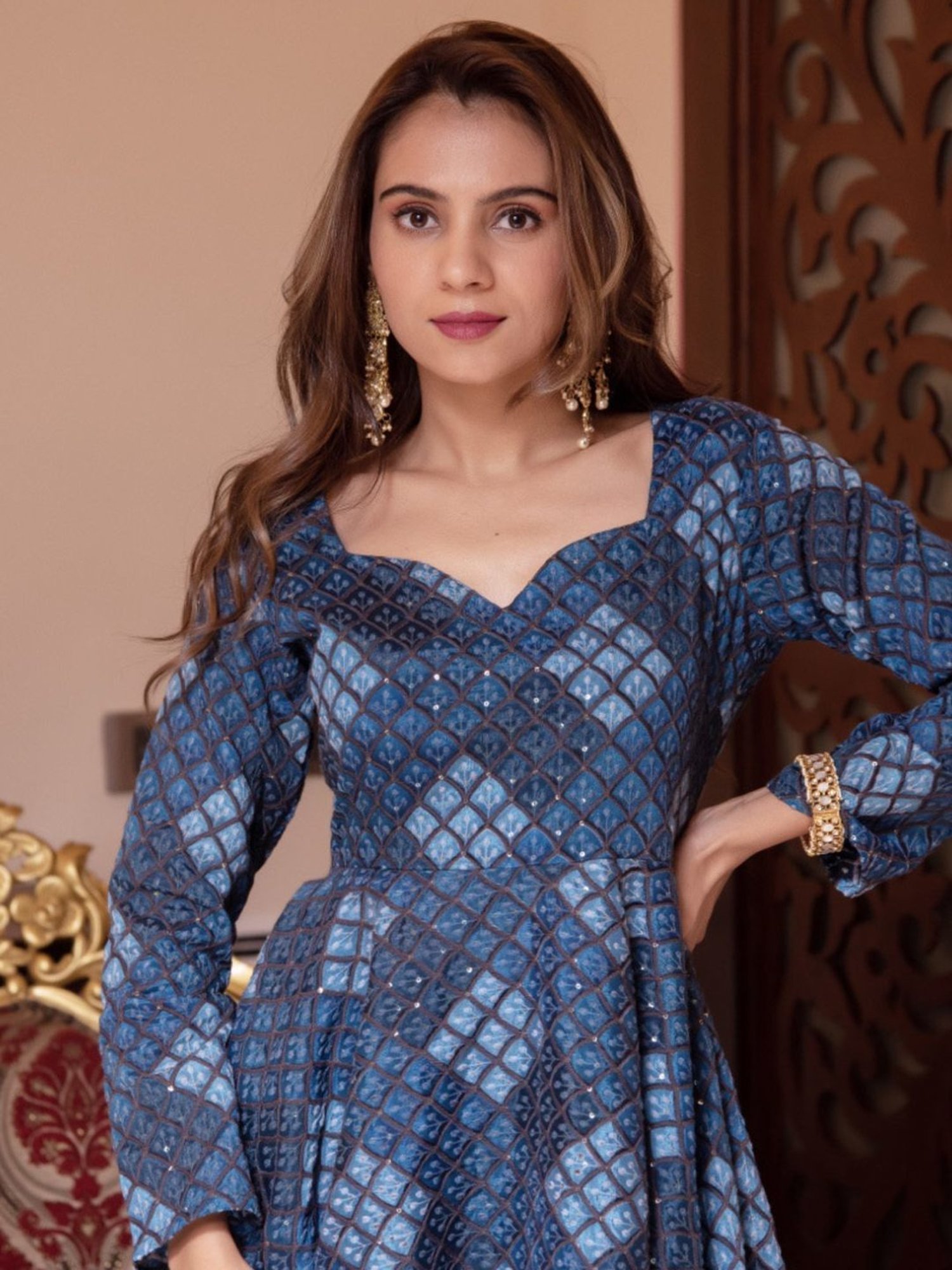 Calmna Teal Blue Embroided Georgette Kuta with Sharara
