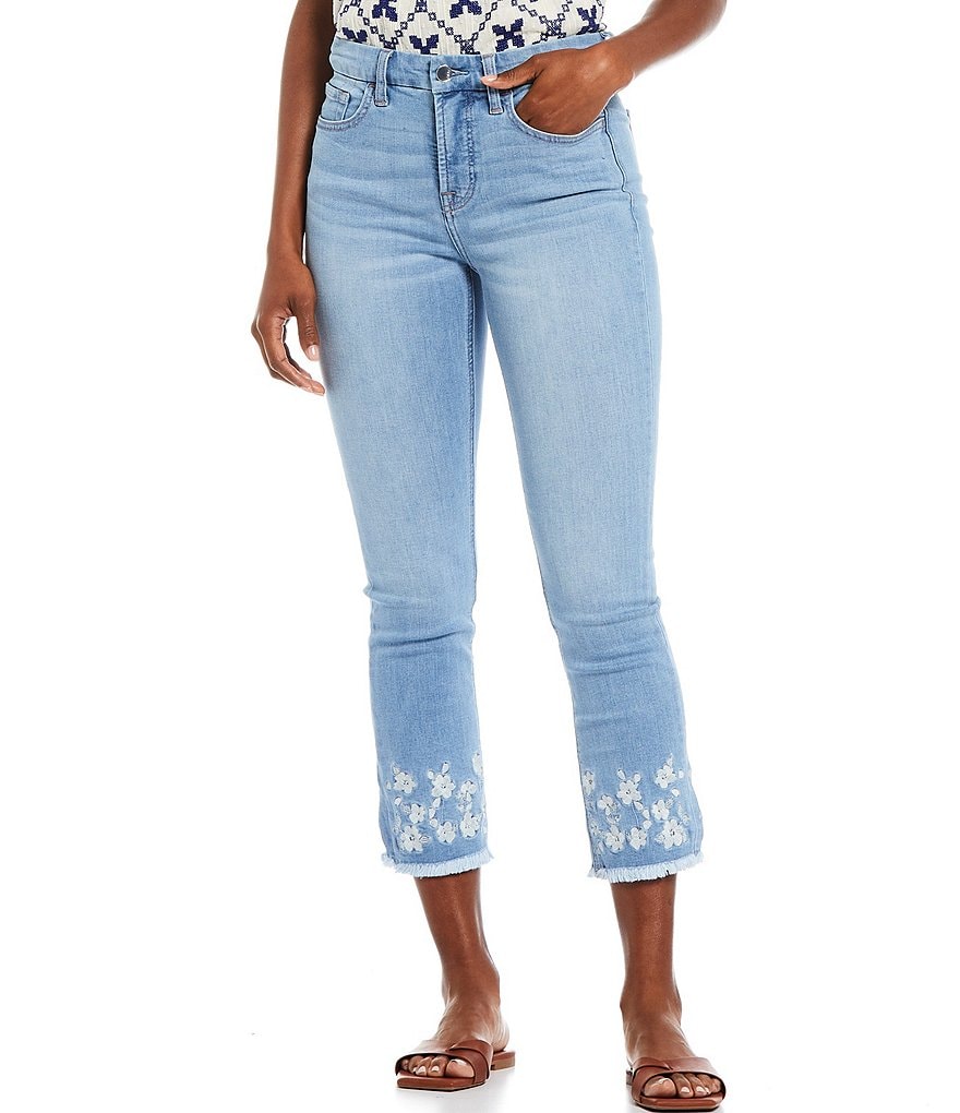 JEN7 by 7 for All Mankind Embroidered Frayed Hem Straight Leg Ankle Jeans