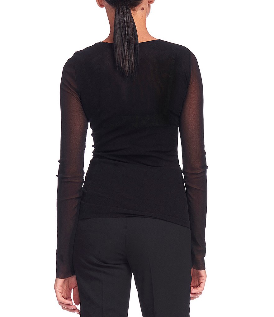 FUZZI Tulle Mesh Knit Crew Neck Ruched Long Sleeve Top
