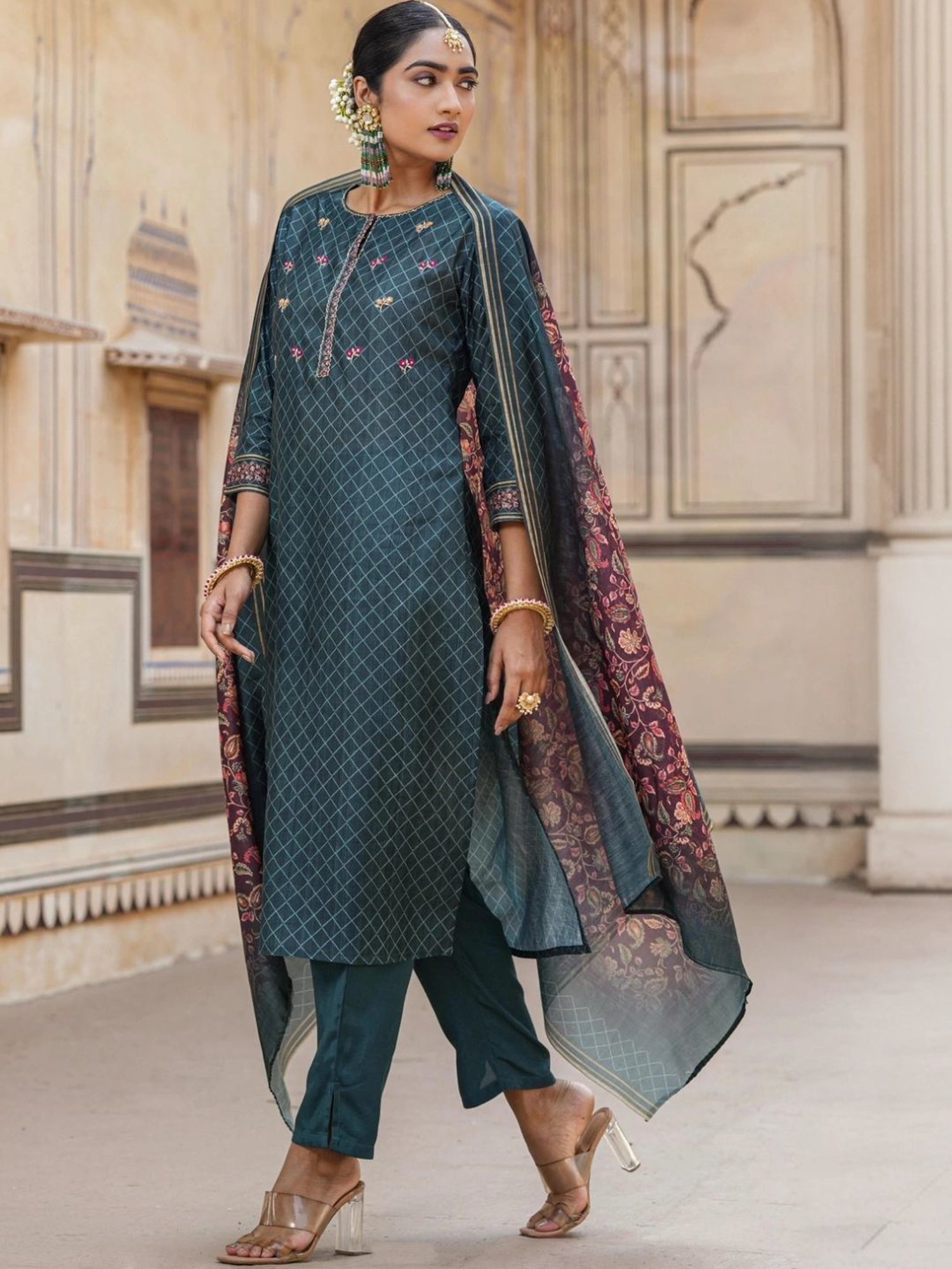 Scakhi Deep Teal Modal Chanderi Printed Suit Set Kurta With Pant And Dupatta
