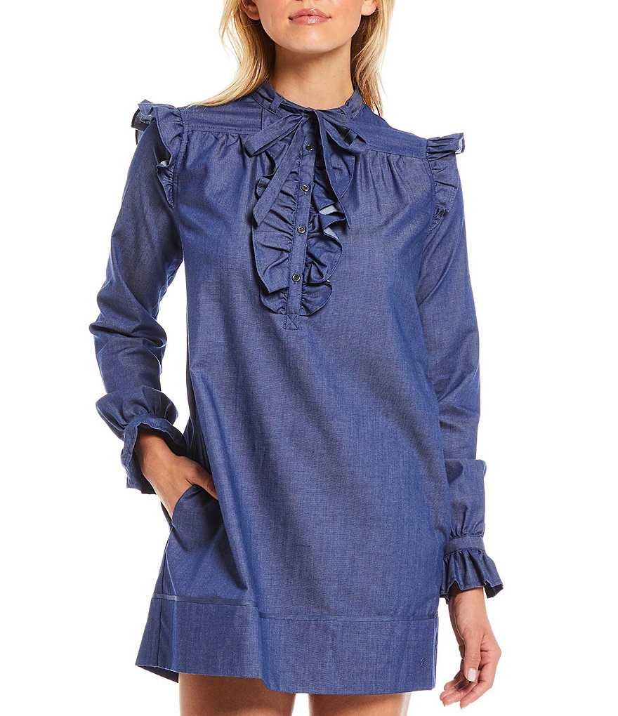 LDT Francesca Long Sleeve Band Collar Tie Neck Ruffled Mini Chambray Shirt Dress