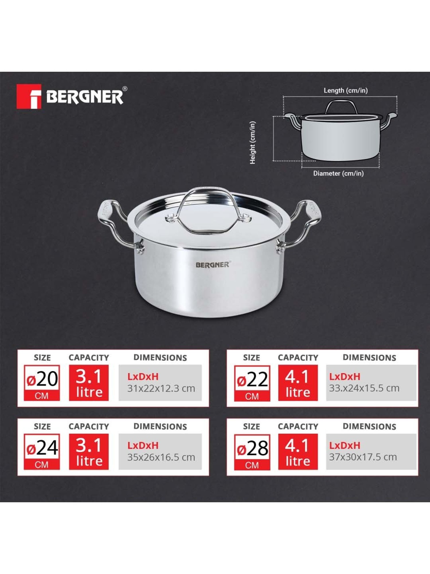 Bergner Triply Silver Stainless Steel Induction Base Casserole 20 cm diameter with Lid - Set of 1