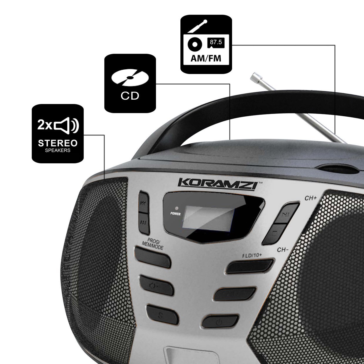 KORAMZI CD55-BKS Portable CD Boombox with AM/FM Radio, Top Loading CD Player, Telescopic Antenna, LCD Display for Indoor & Outdoor, Offices, Home, Restaurants, Picnics, School , Camping