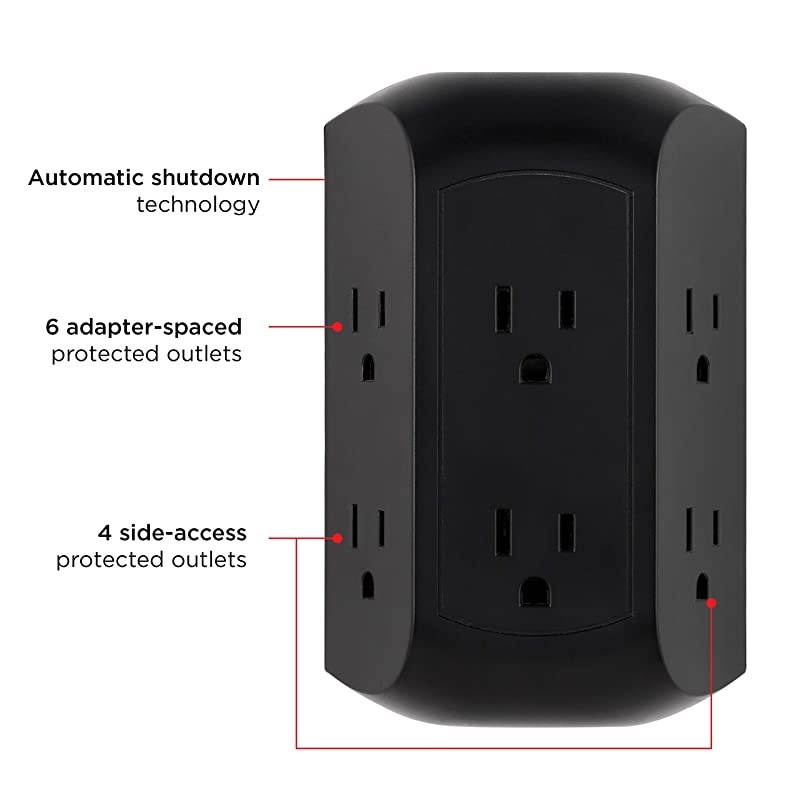 UltraPro 6Outlet Sur Protector Adapter Spaced 3Prong Power Strip Wall Tap Charging Station Side Access Black 47822