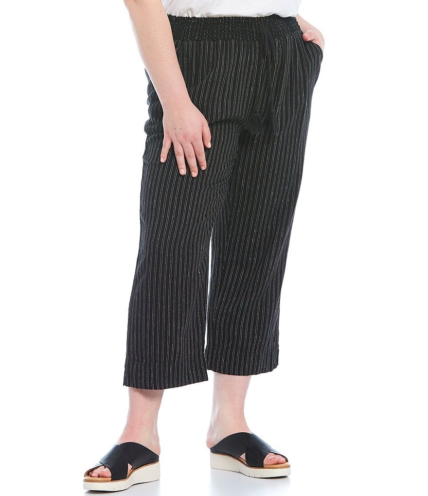 Westbound Plus Size Stitch Stripe Wide Leg Linen Capri Pants
