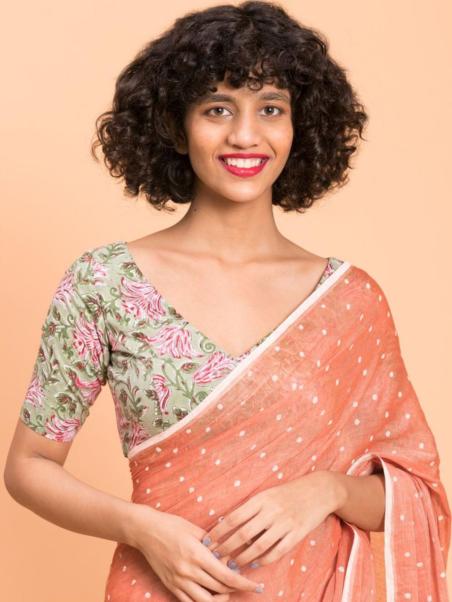 Suta Peach Cotton Polka Dots Saree Without Blouse